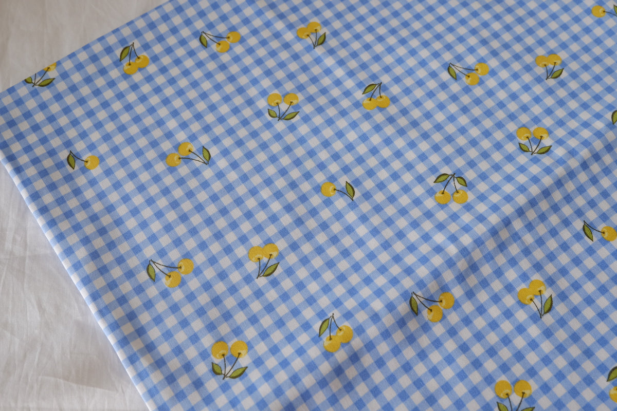 Little Golden Cherries Blue Gingham Cotton Poplin – 2.7 yd
