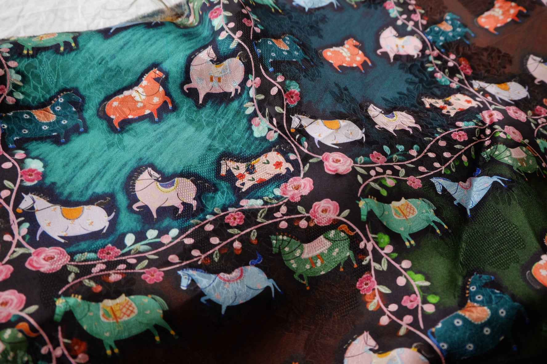 Jacquard Rayon Xiangyun-Style Horse Print Fabric - 1.64 yd