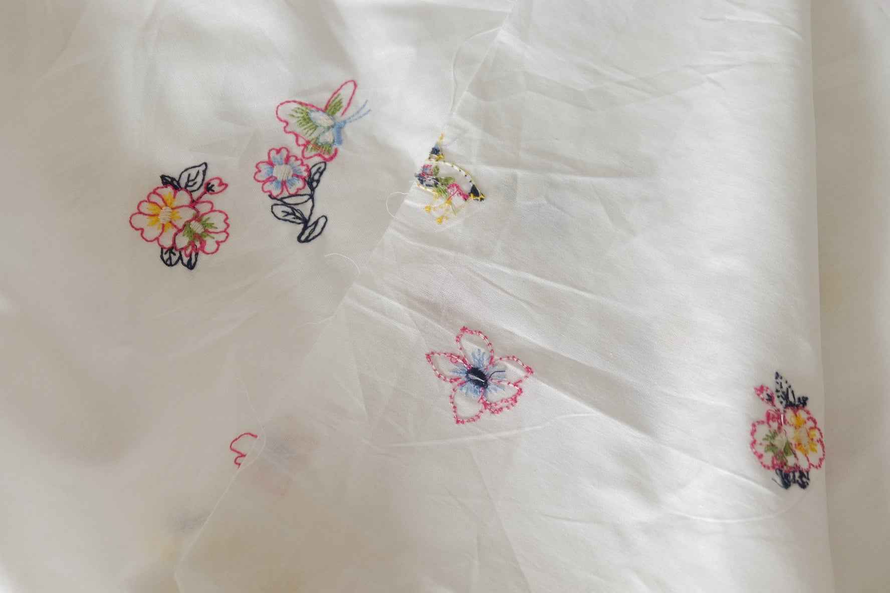 White Floral & Butterfly Embroidered Cotton Fabric – 1.9 yd