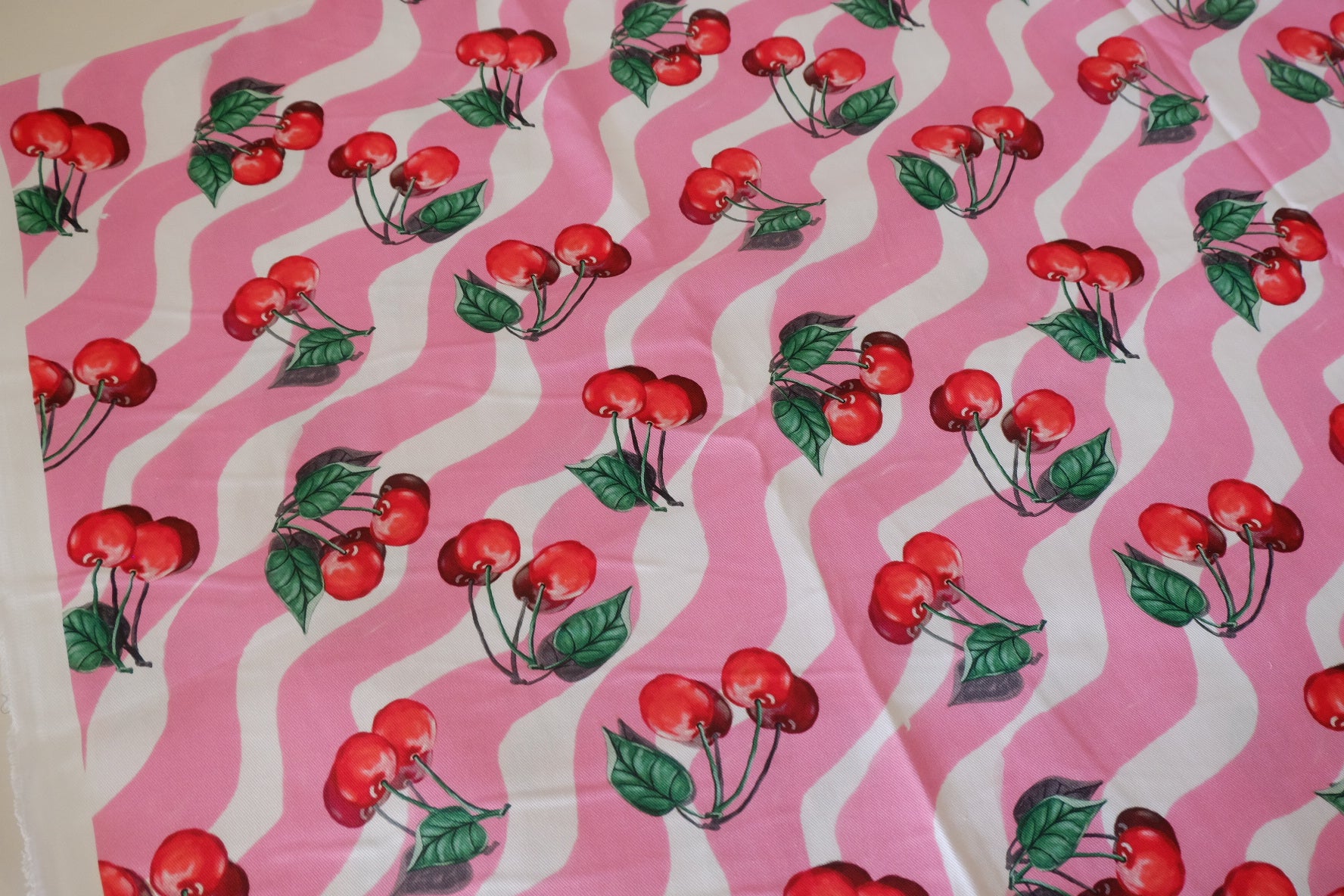 Retro Cherry Cotton Twill Fabric – Pink Wave Print – 2.46 yd / 3.06 yd