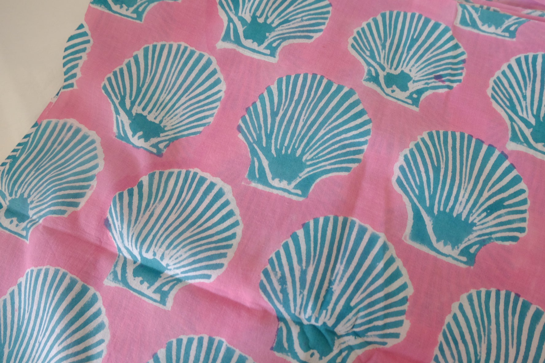 Hand Block Printed Indian Cotton Fabric – Shell Motif Pink Cotton – Sold by the Meter