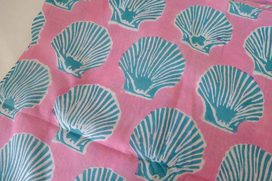 Hand Block Printed Indian Cotton Fabric – Shell Motif Pink Cotton – Sold by the Meter