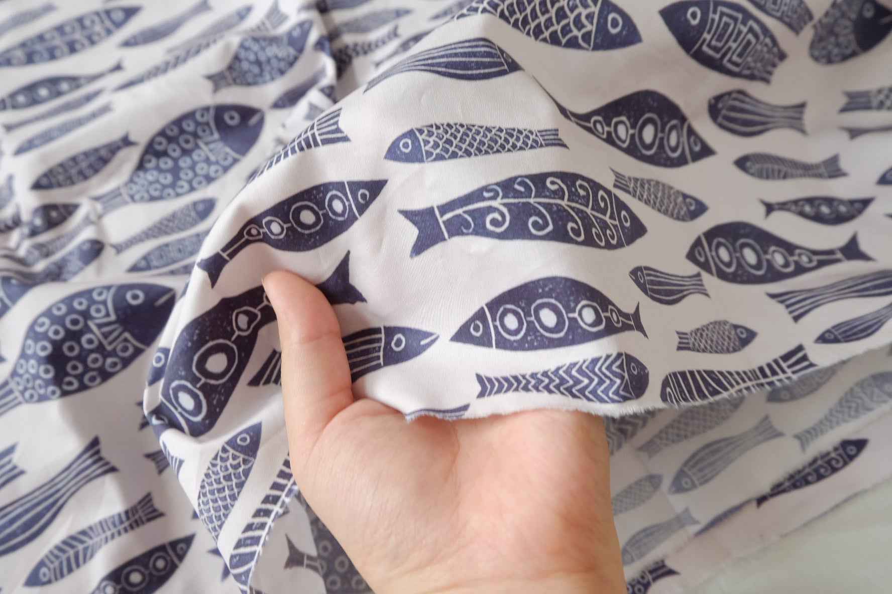 Navy Fish Print Dense Cotton Twill — 2.19 yd Piece