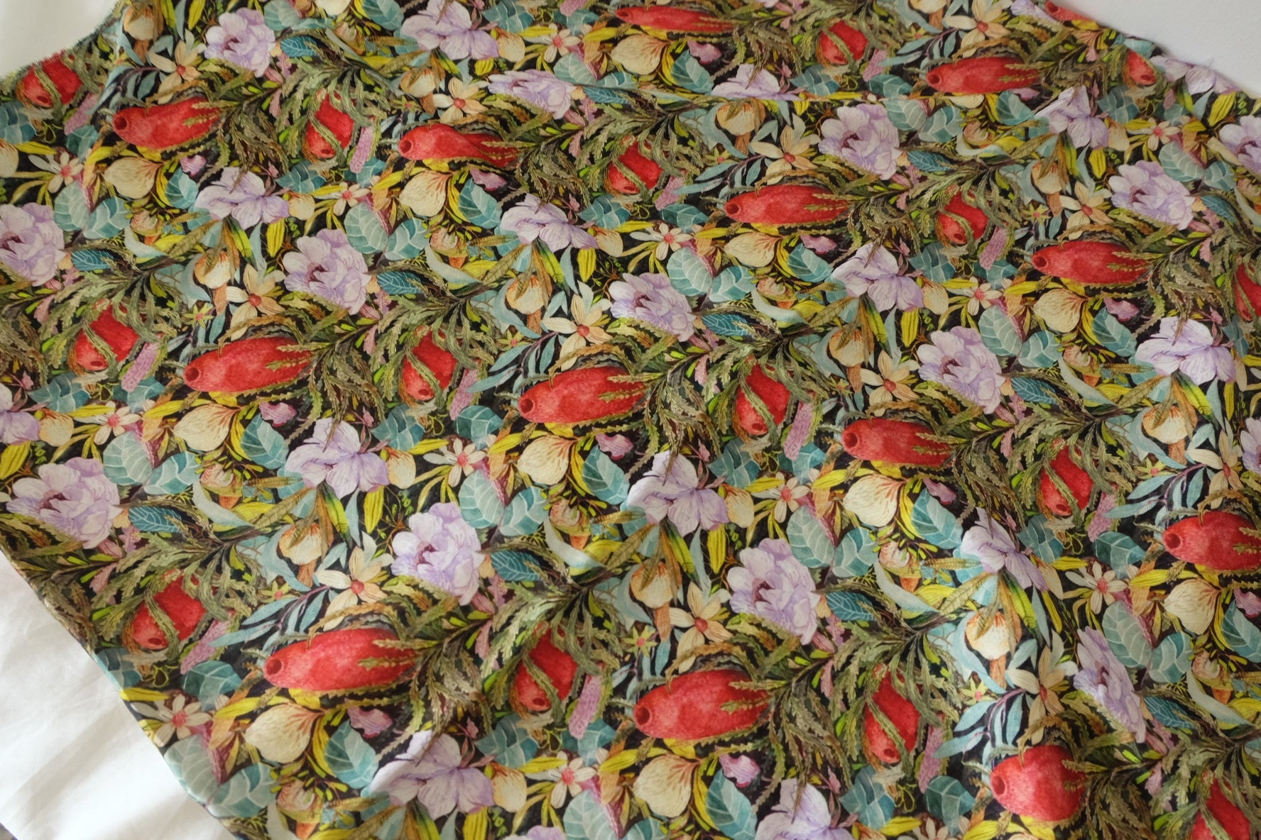 Silky Rayon Satin Fabric – Tropical Botanical Print on Black – 2.2 yd