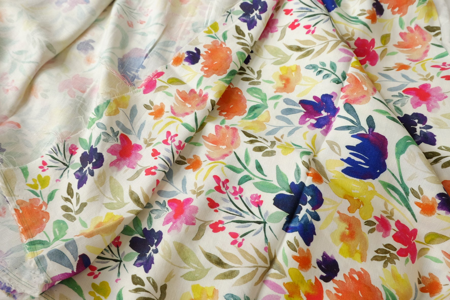 Watercolor Floral Linen Cotton Fabric, Midweight Spring Botanical, 2.19 Yards
