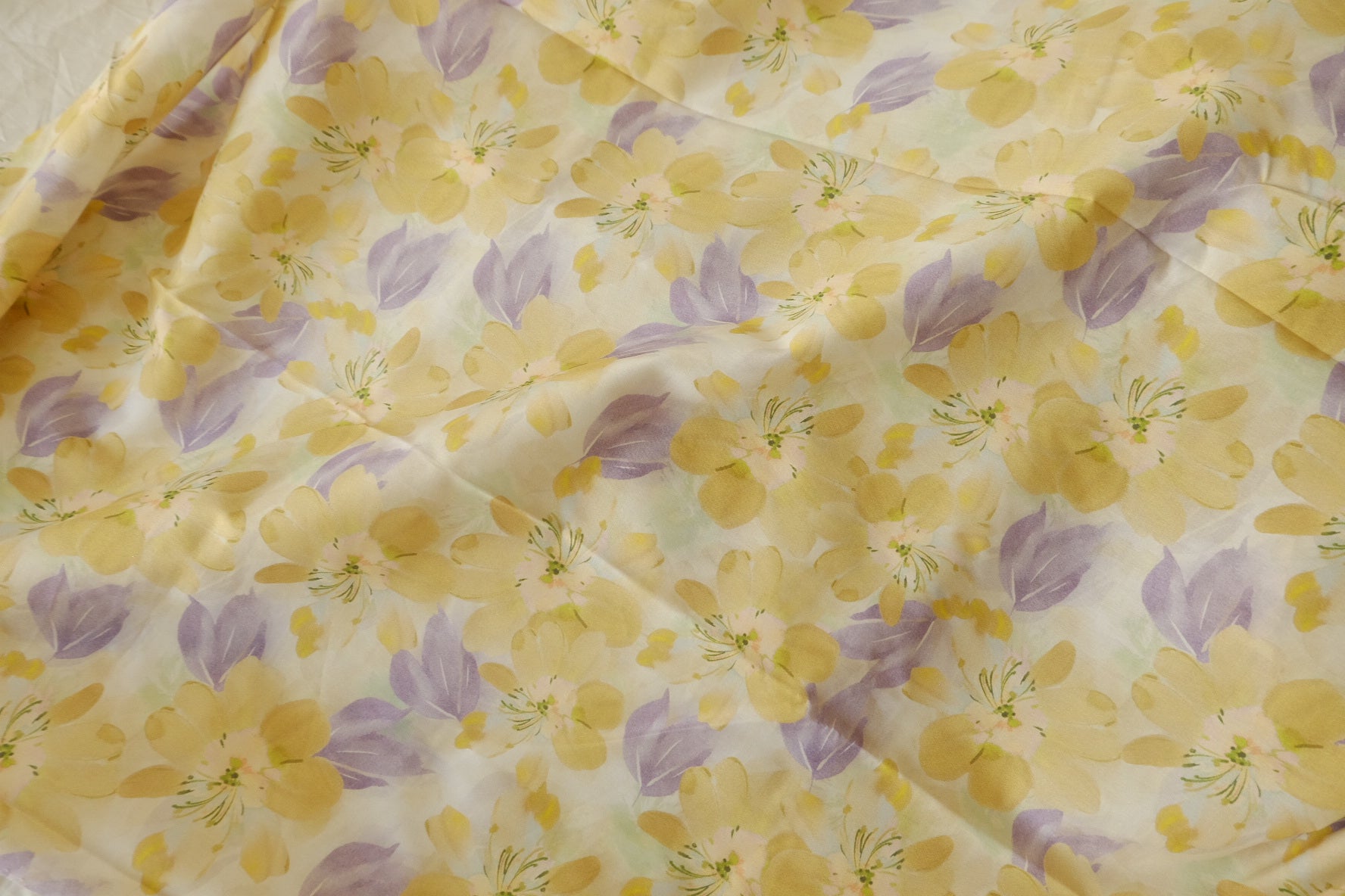 Buttercream Yellow Watercolor Floral Cotton Lawn Fabric — 3.28 yd Piece