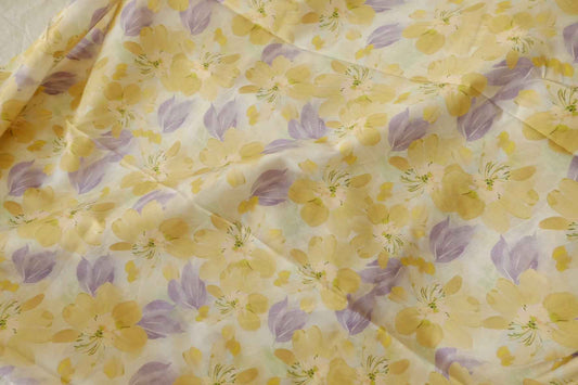 Buttercream Yellow Watercolor Floral Cotton Lawn Fabric — 3.28 yd Piece