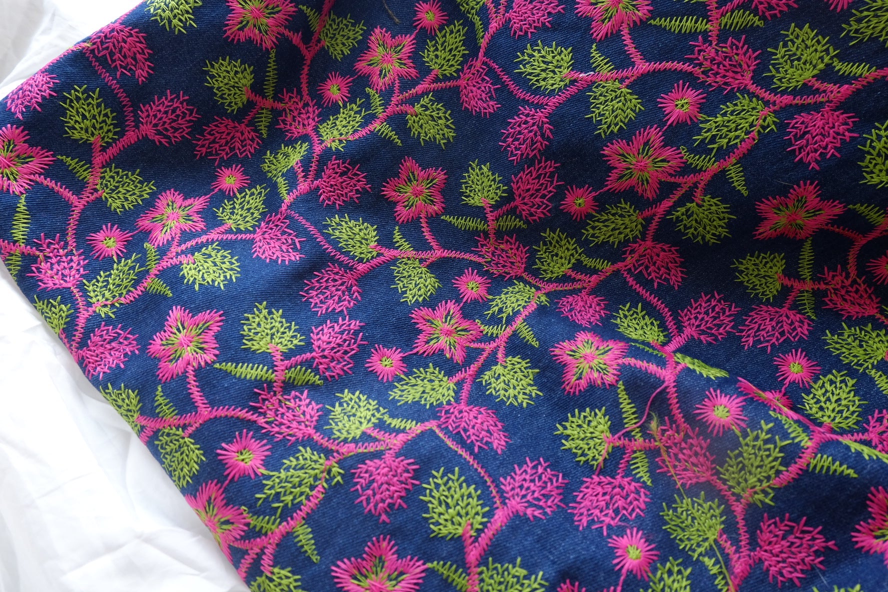 Pink & Green Floral Embroidered Cotton Denim Fabric - Sold by 0.55 yd
