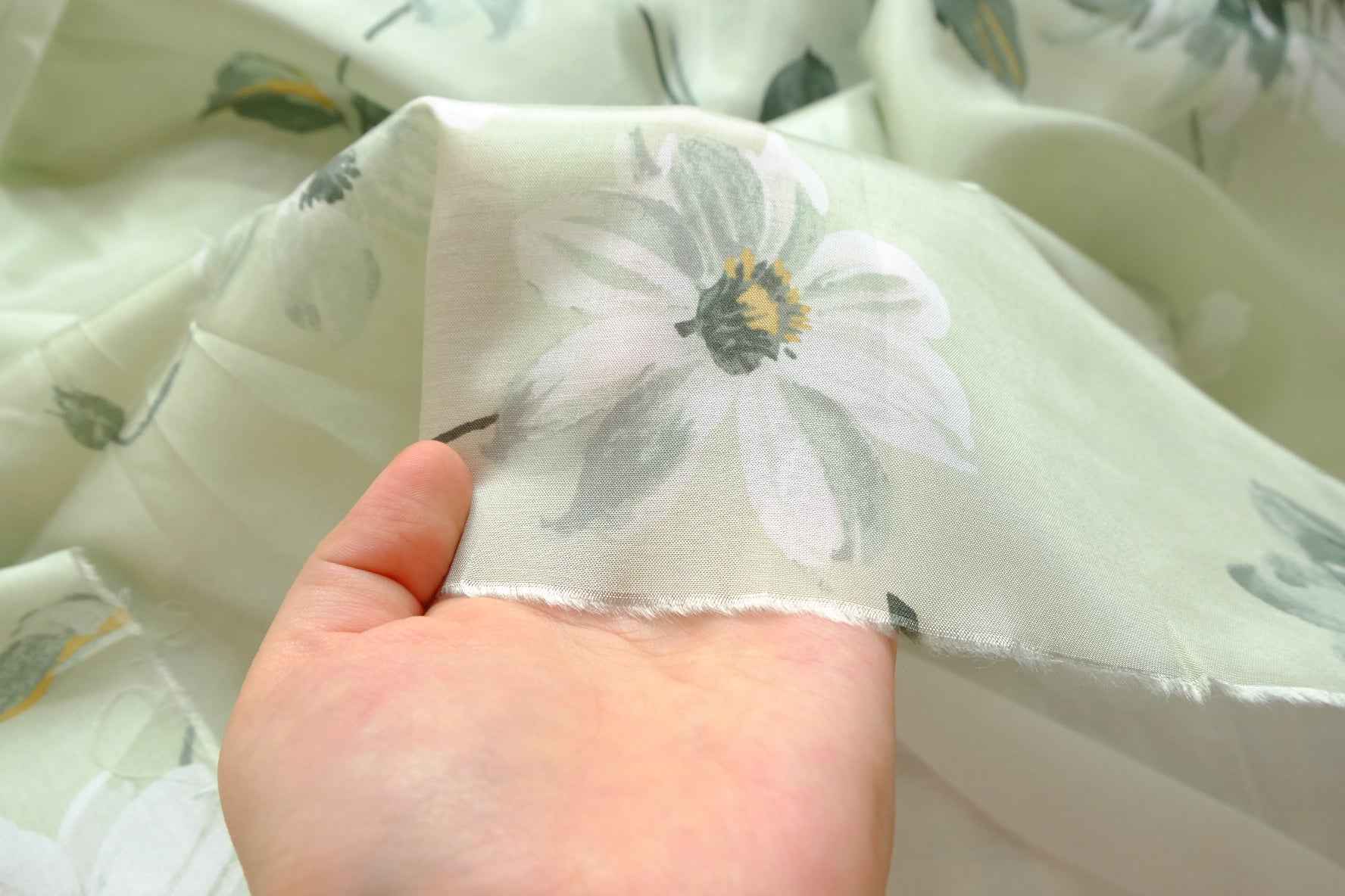 Soft Green Floral Tencel Satin Fabric, Lightweight Drapey Dress Weight, 2.19 Yards