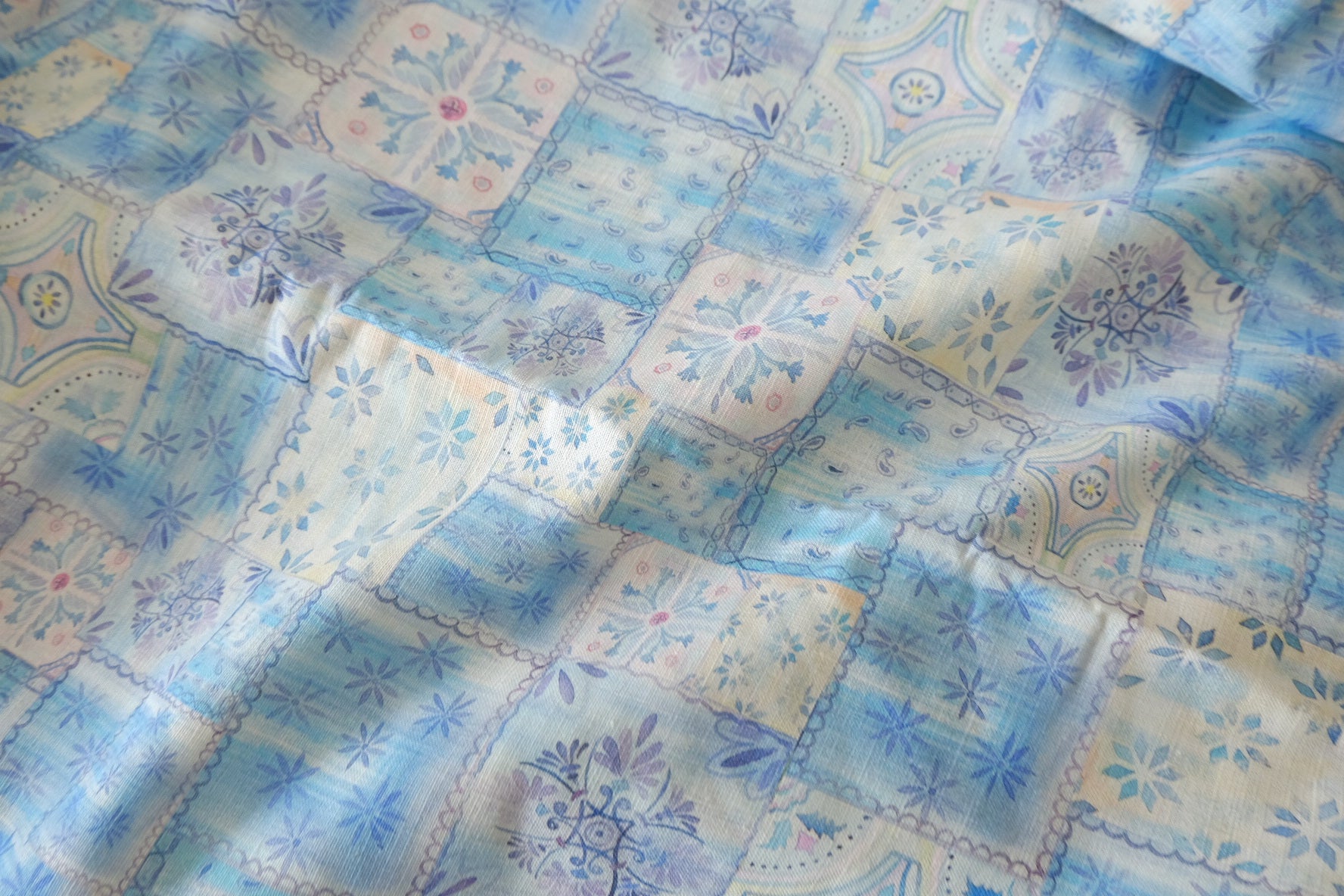 Blue Mosaic Patchwork Lyocell Linen Fabric, 1.64 Yards