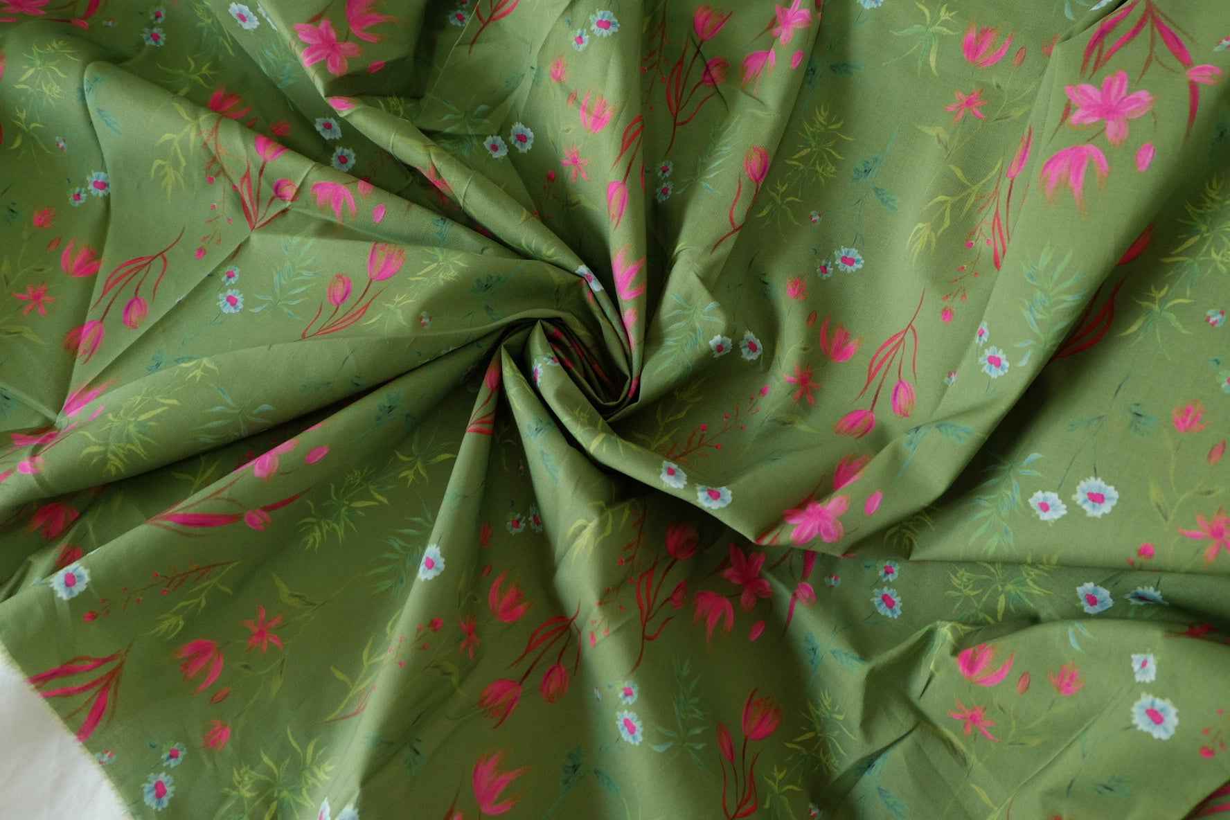 Olive Green Floral Cotton Lawn Fabric – 3.3 yd