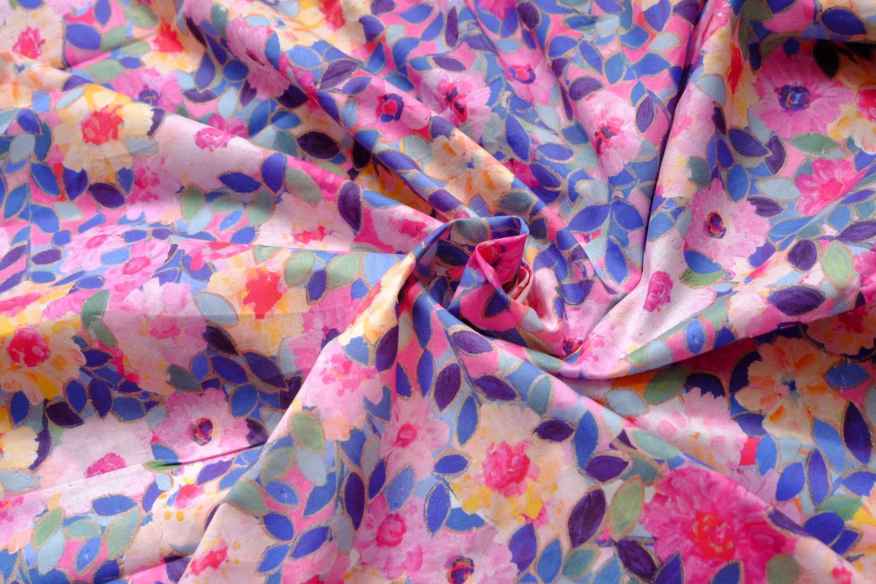 Painterly Pink Blue Floral Cotton Poplin Fabric,  2.84 Yards