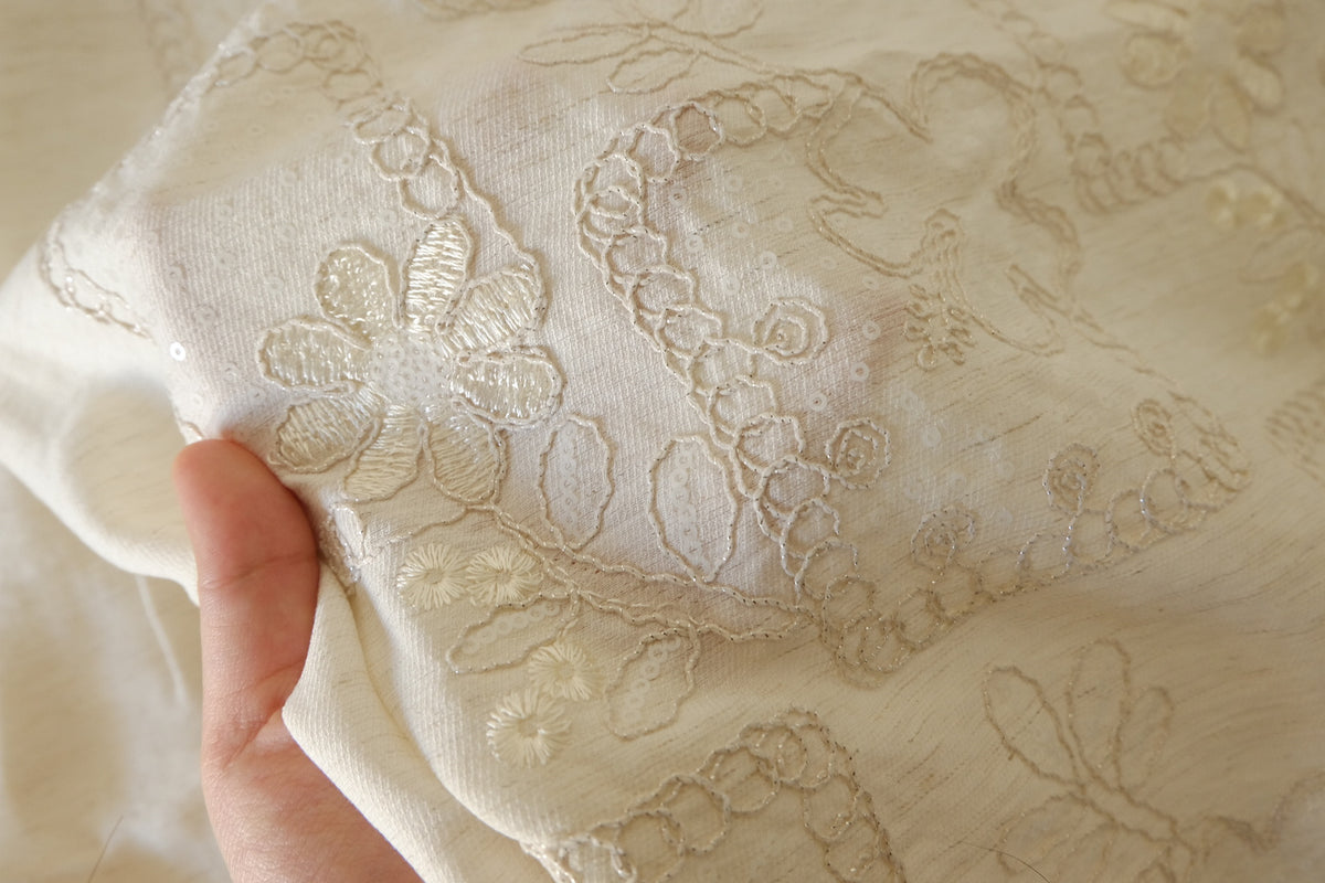 Ivory Embroidered Tencel Linen with Sequins – 2.2 yd
