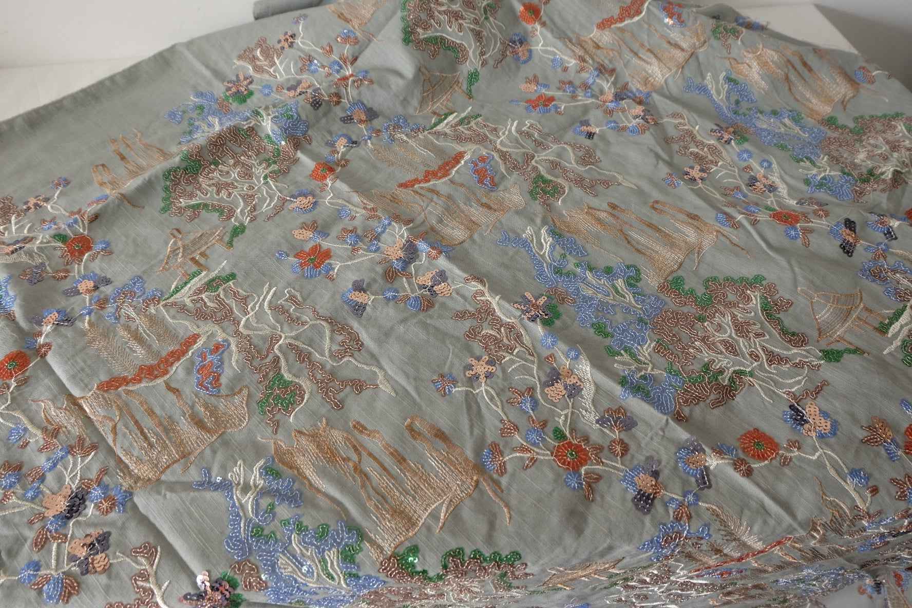 Hand Embroidered Sequin Beaded Landscape Cotton Linen Fabric – 2.2 yd
