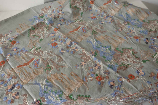 Hand Embroidered Sequin Beaded Landscape Cotton Linen Fabric – 2.2 yd