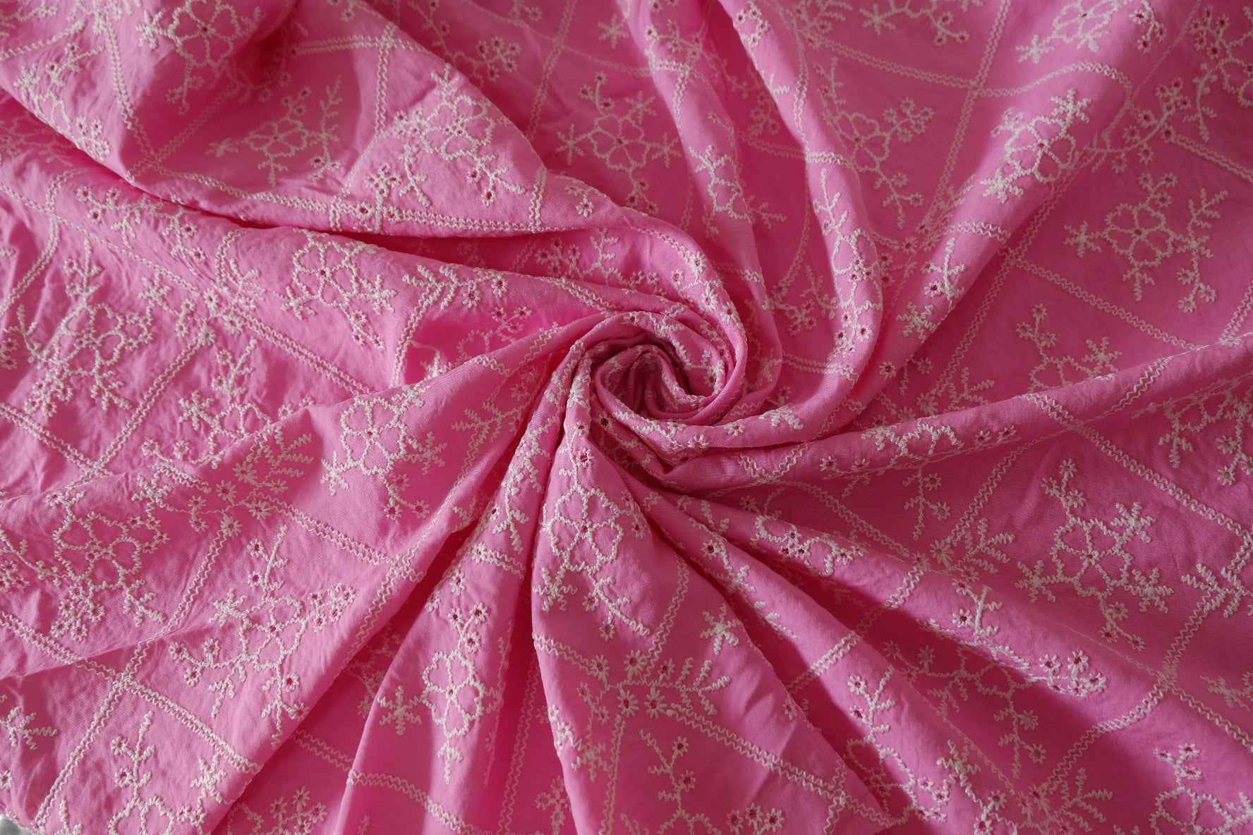 Bright Pink Floral Embroidered Cotton Linen Blend – 2.2 yd