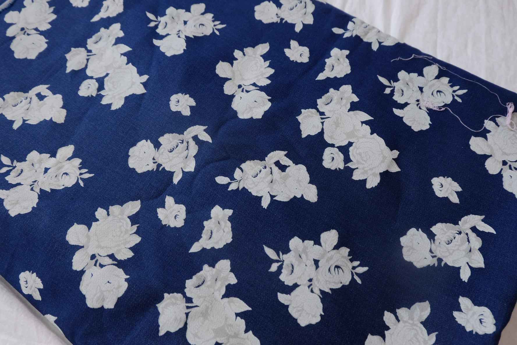 Navy Rose Printed Cotton Denim Fabric - 1.64 yd