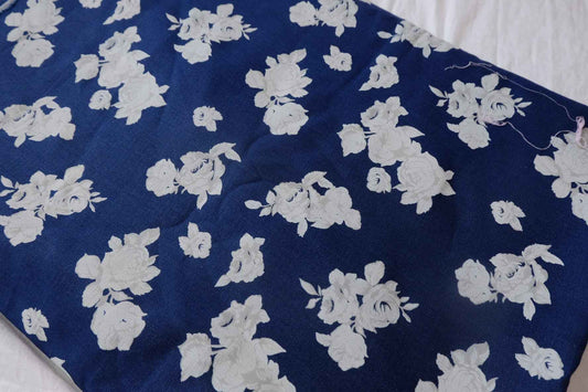 Navy Rose Printed Cotton Denim Fabric - 1.64 yd