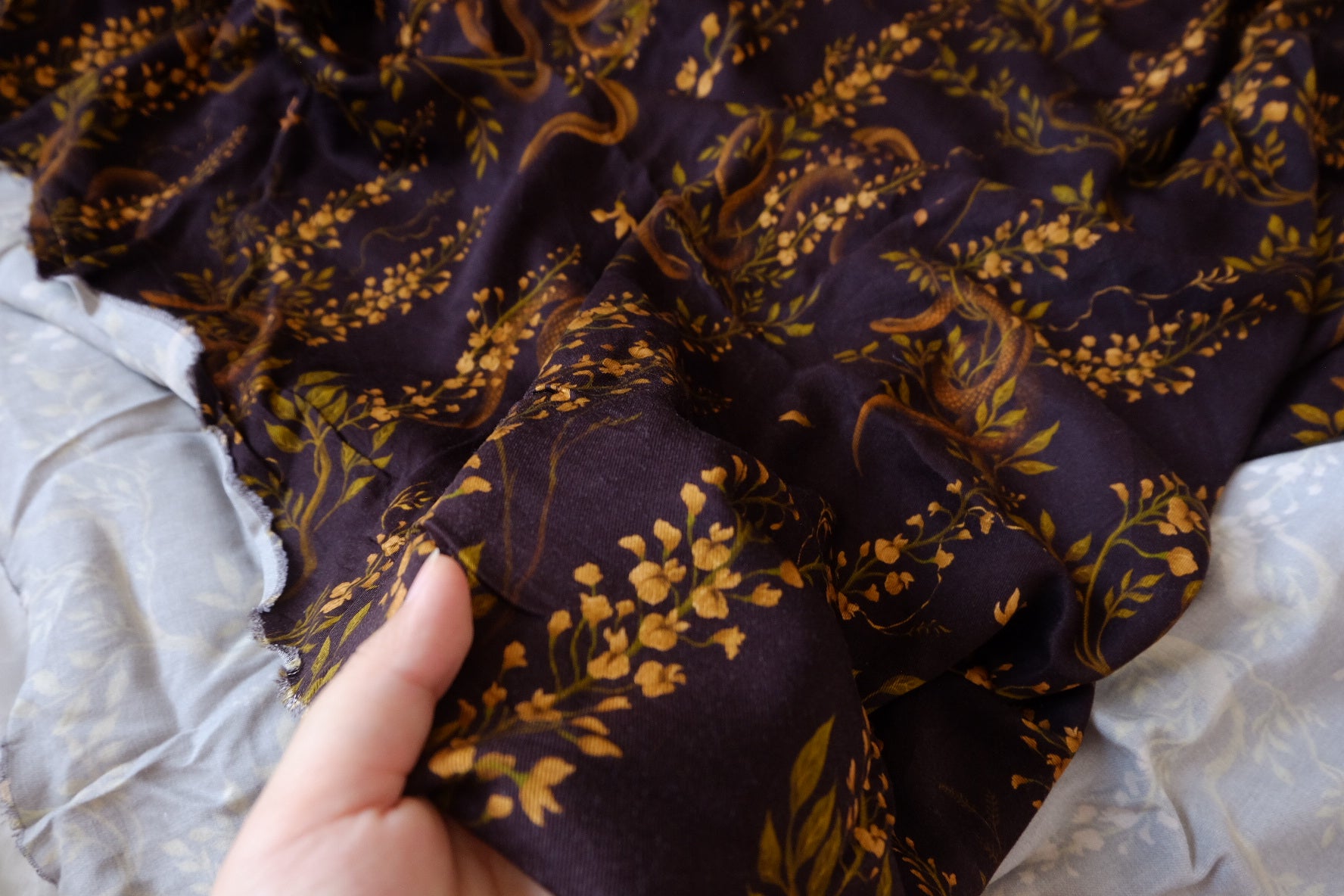 Midnight Serpent Floral Rayon Challis Twill Fabric - 1.64 yd