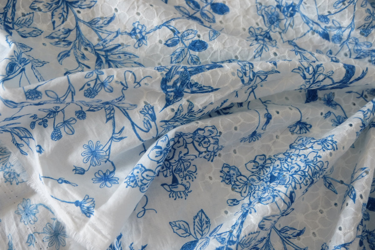 Blue Floral Bird Cotton Eyelet Fabric – 2.6 yd