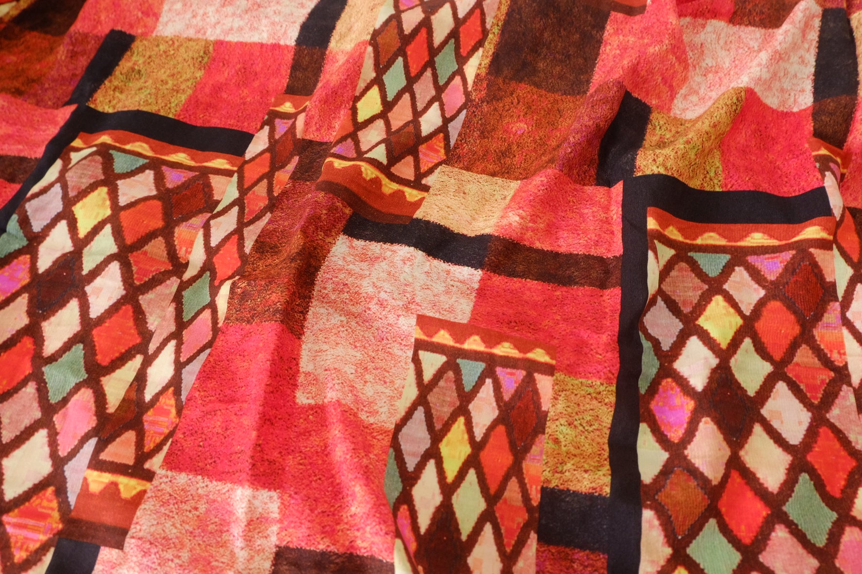 Warm Patchwork Mosaic Rayon Challis Fabric – 1.6 yd