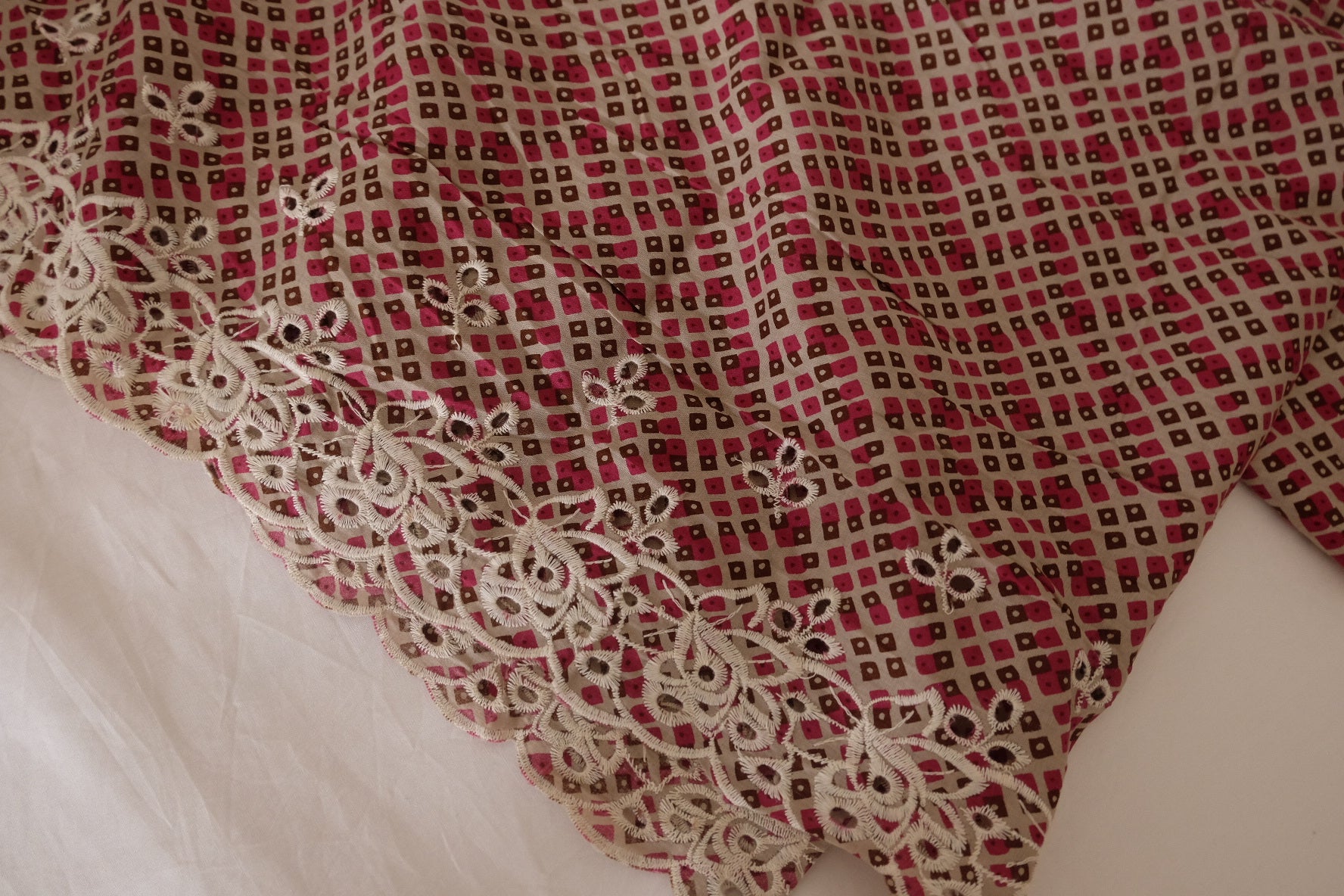 Pink Geometric Cotton Embroidered Border Fabric – 2.2 yd