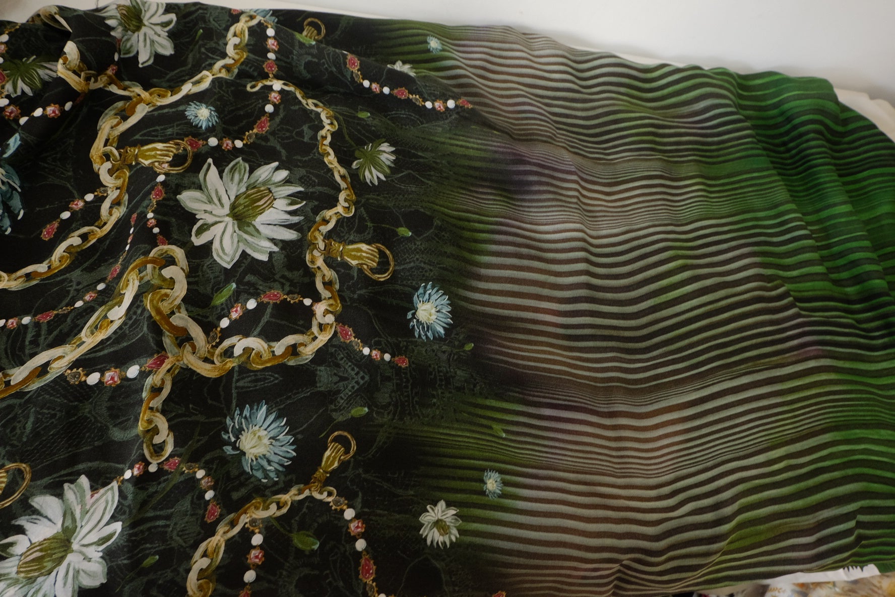 Green Scarf Print Border Rayon Fabric – 3.3 yd