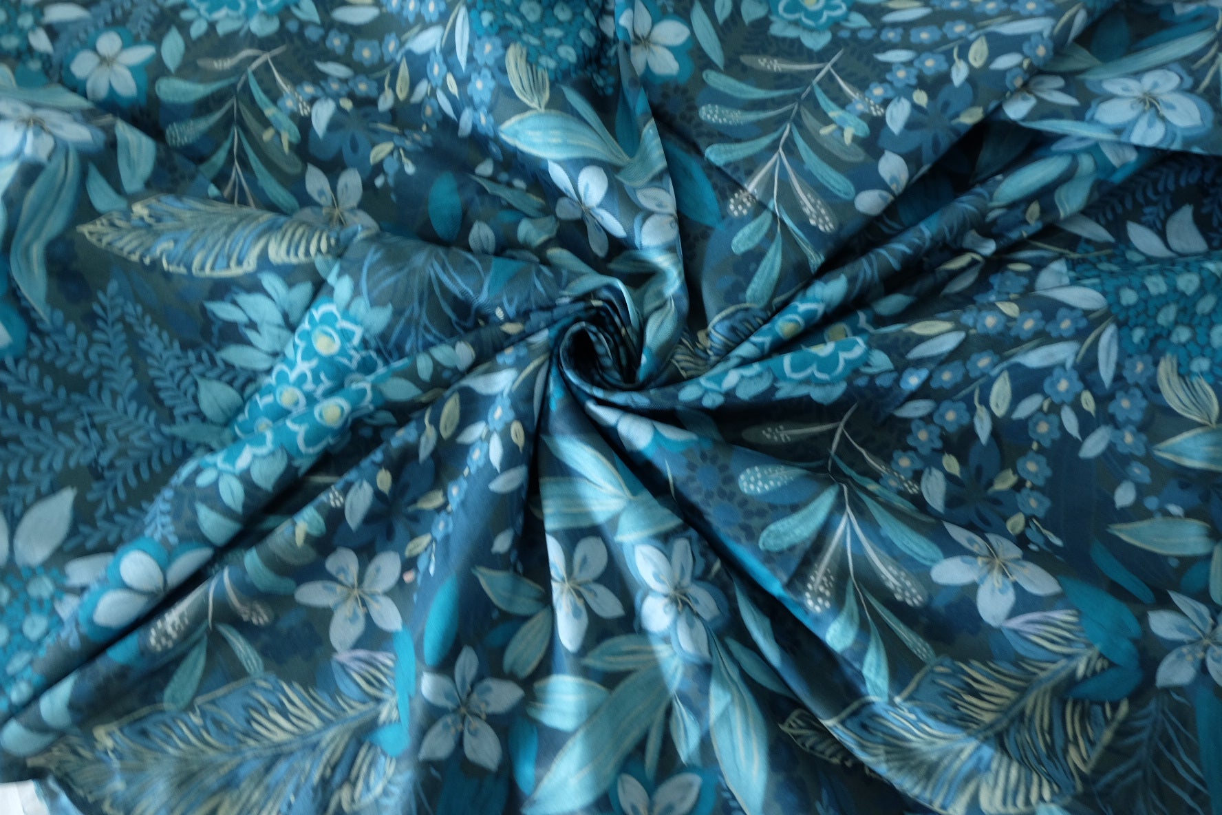 Midnight Blue Botanical Garden Cotton Voile Fabric – Deep Floral Nature Print – 2.2 yd