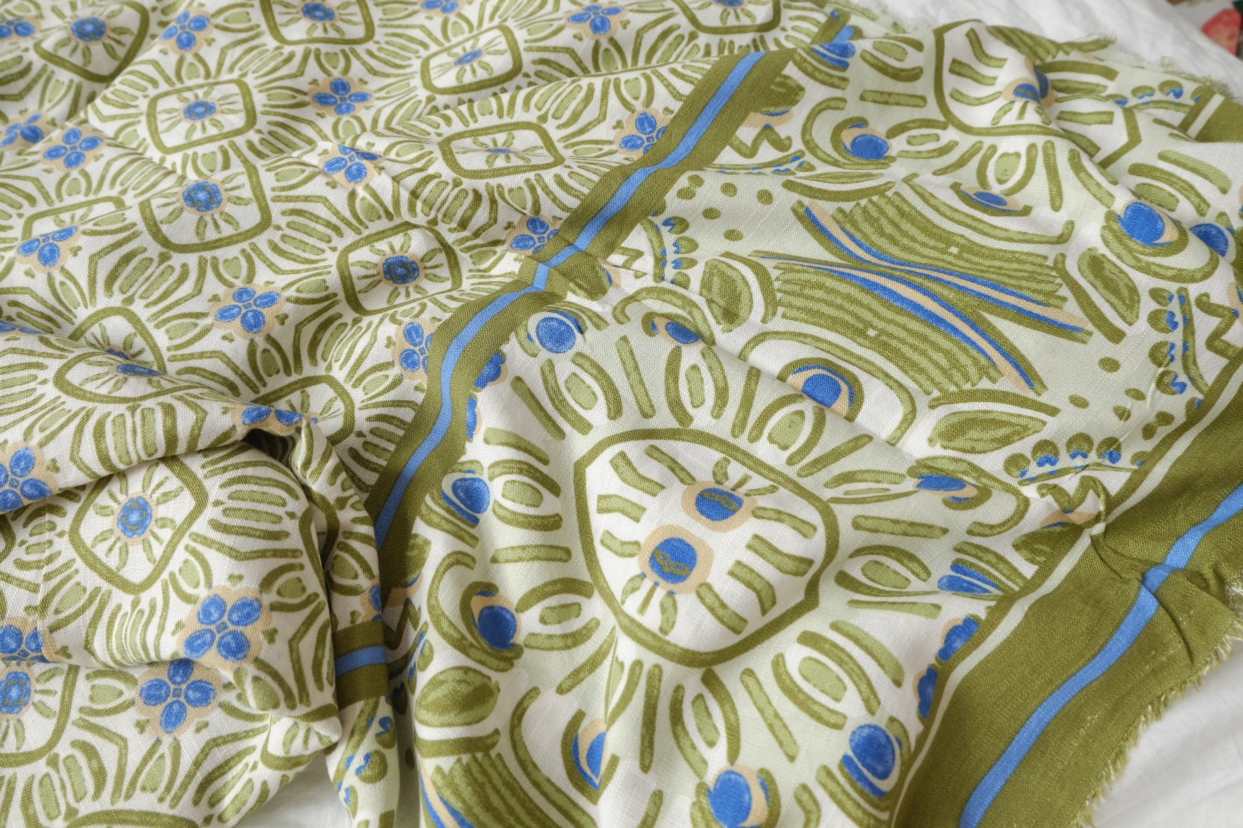 Border Print Rayon Fabric in Olive and Blue, Light & Drapey, 2.1 Yards