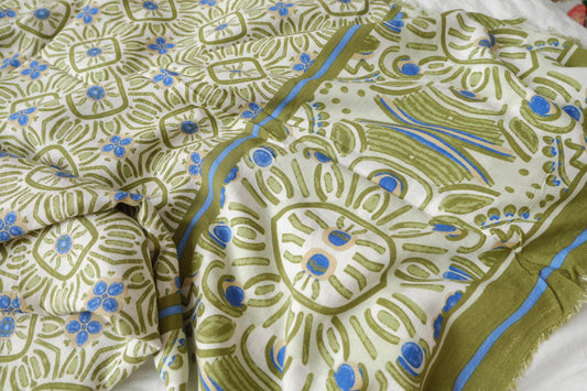 Border Print Rayon Fabric in Olive and Blue, Light & Drapey, 2.1 Yards