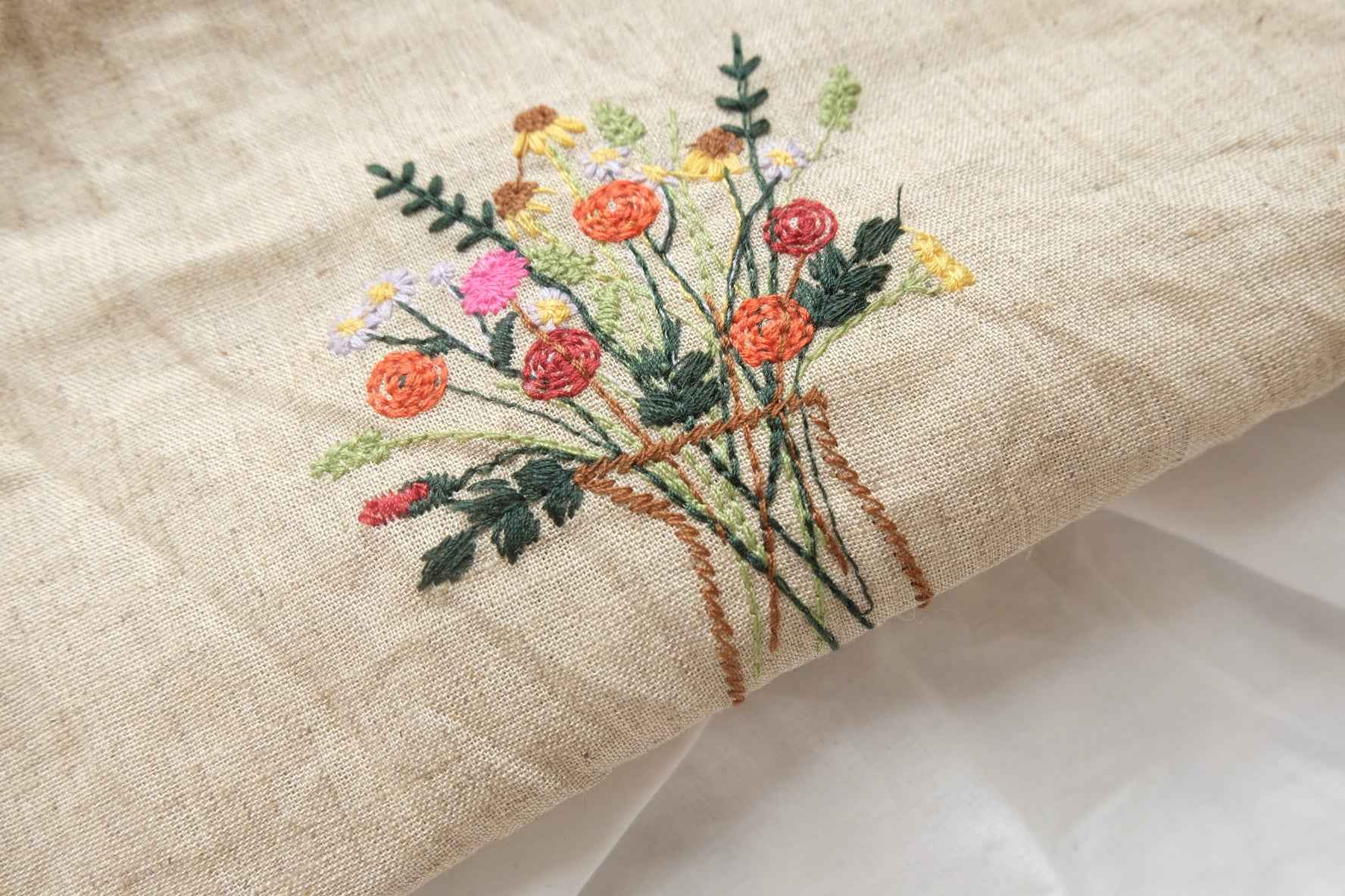 Embroidered Linen Rayon Blend Fabric, Pastoral Wildflower Motifs , 1.64 Yards