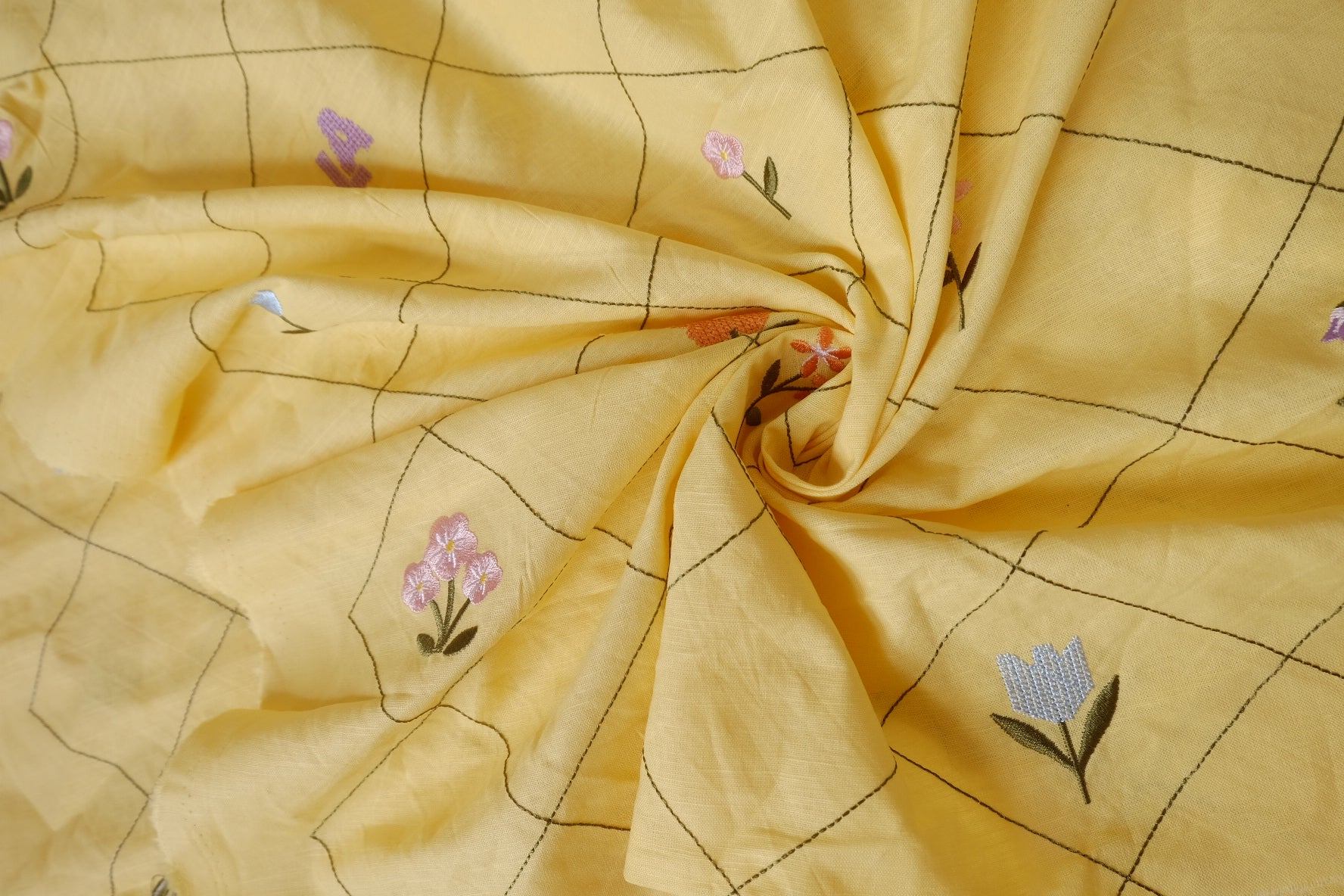 Yellow Embroidered Grid Linen Cotton, 2.19 Yards