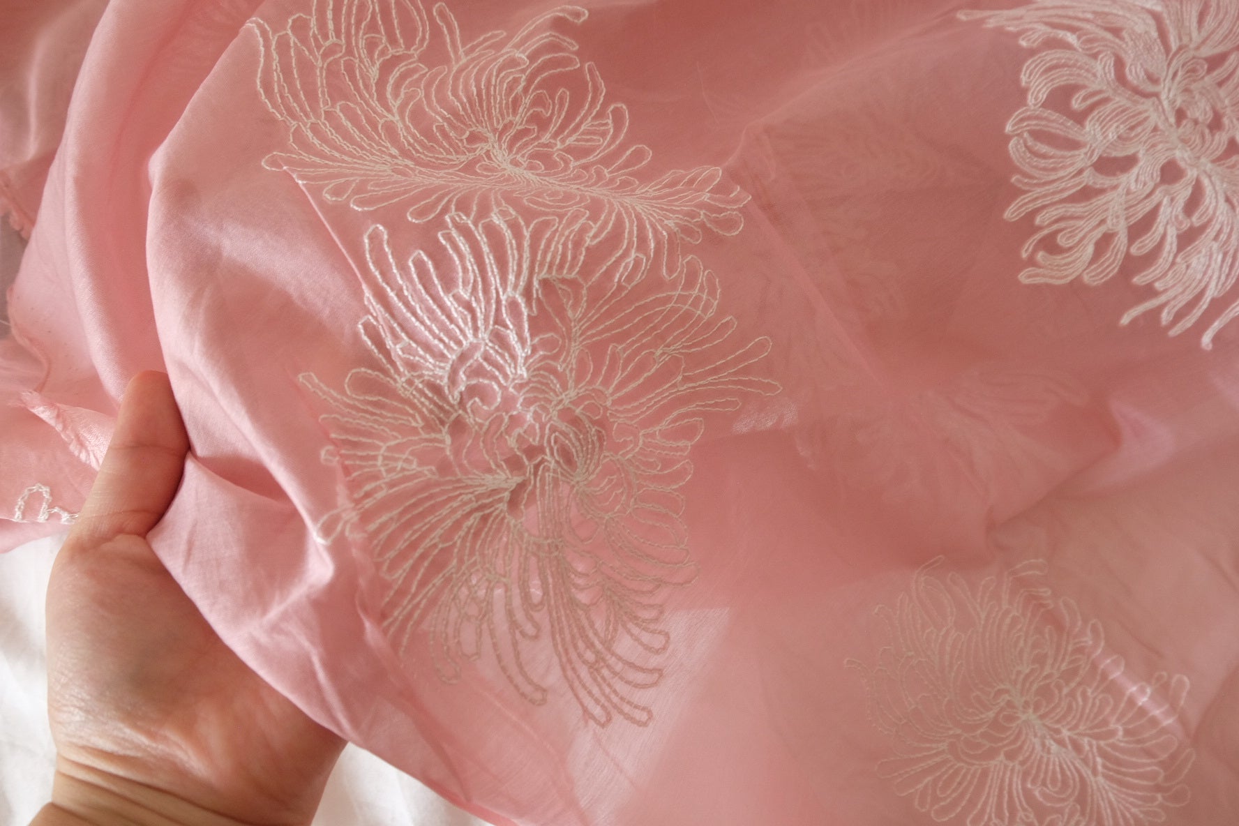 Blush Pink Tencel Embroidered Sheer Fabric – Delicate Floral Mesh – 3.4 yd