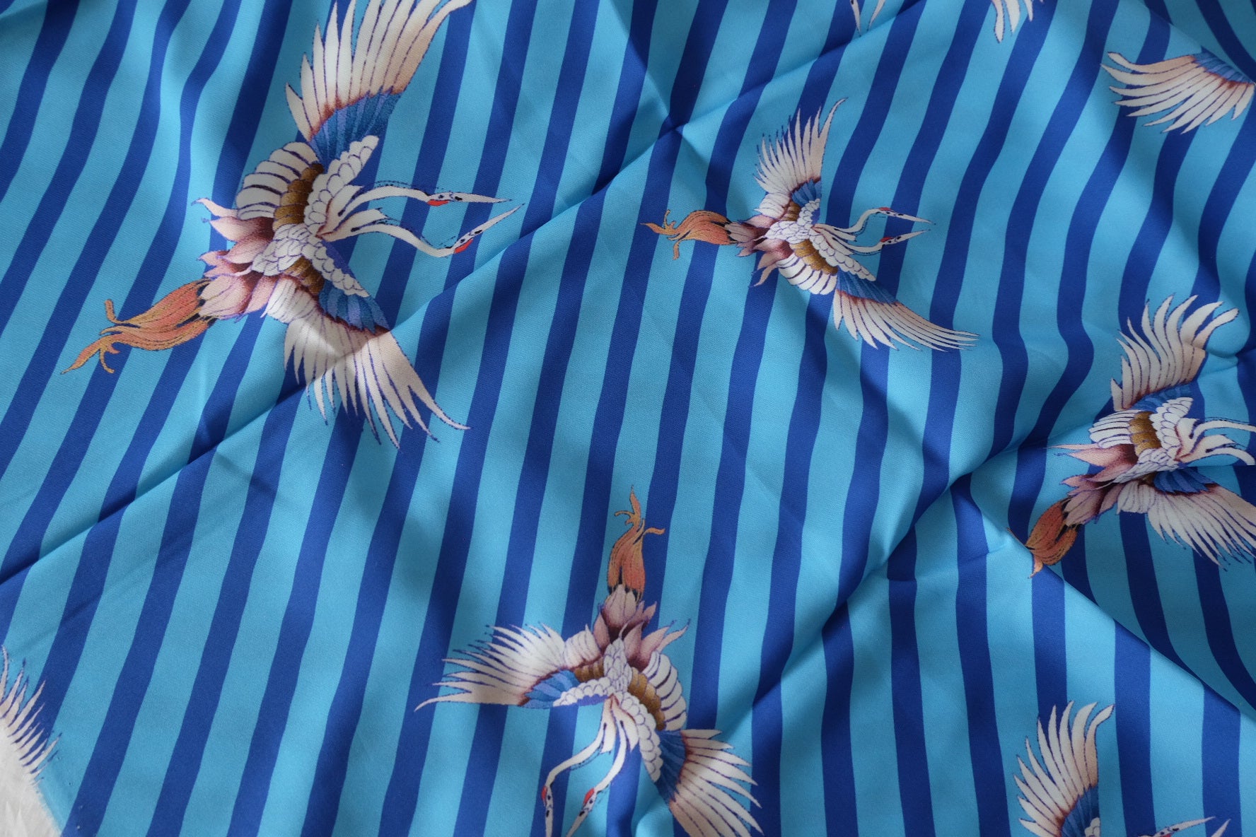 Blue Stripe & Flying Crane Silk-Tencel Double Georgette – 3.28 yd