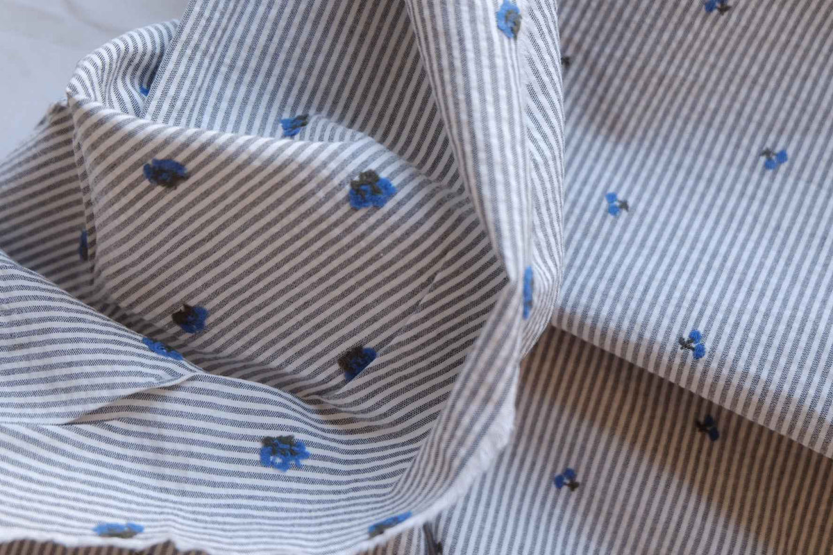 Blue Cherry Embroidered Yarn-Dyed Striped Cotton Jacquard Fabric – 2.2 yd