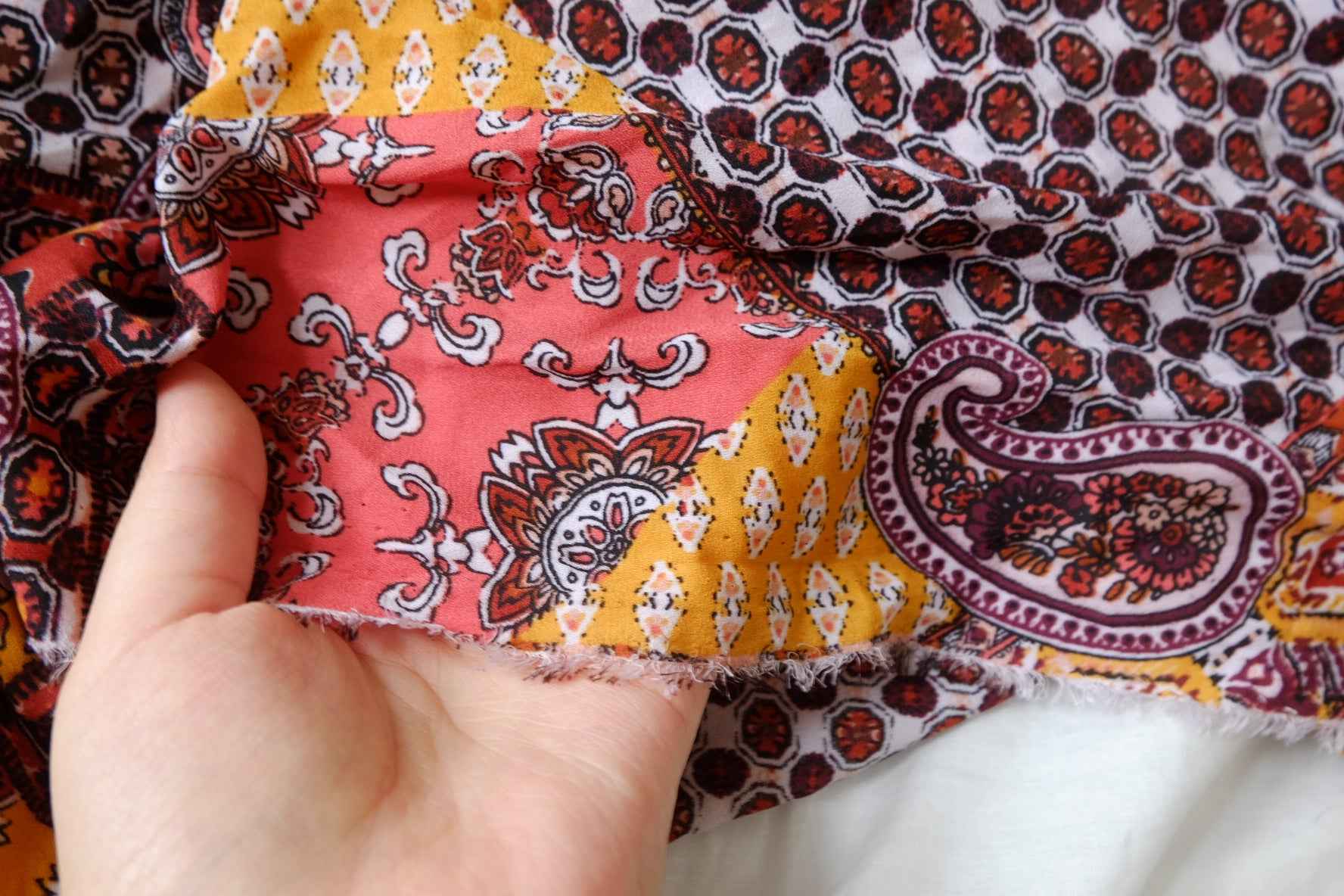 Bohemian Patchwork Chiffon Fabric, Airy Opaque Summer Dress Weight, 2.19 Yards