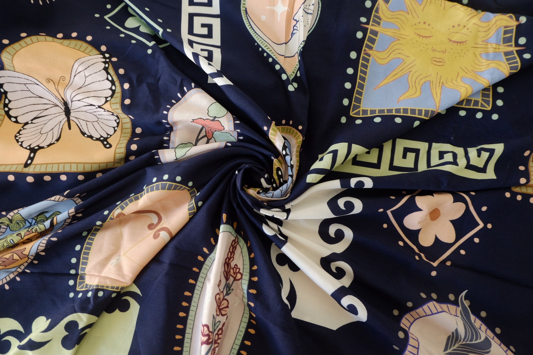 Navy Celestial Butterfly Rayon Challis Fabric – 3.3 yd