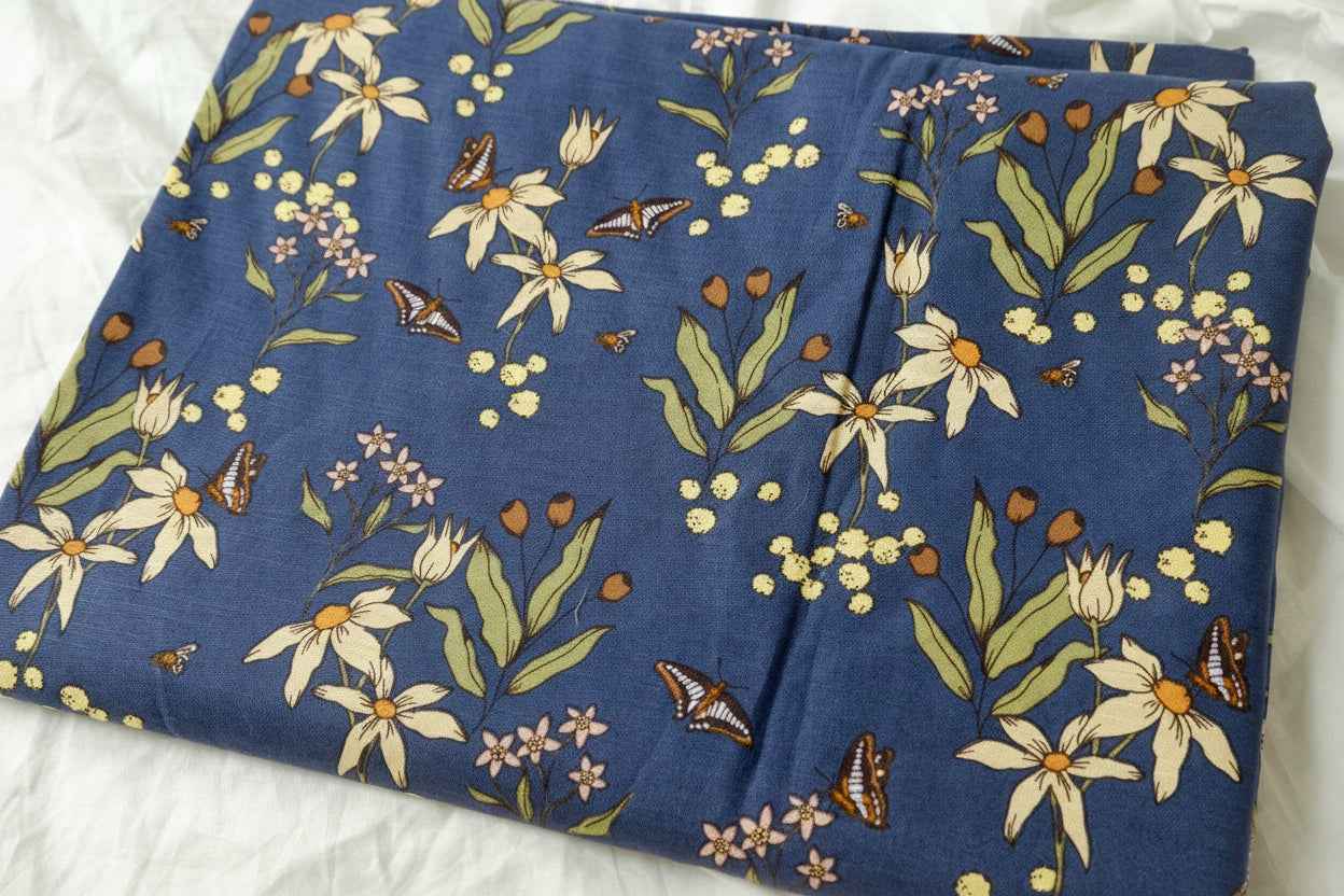 Dusky Blue Wildflower Slub Cotton Linen Fabric, Medium Weight for Trousers and Sets, 1.64 Yards