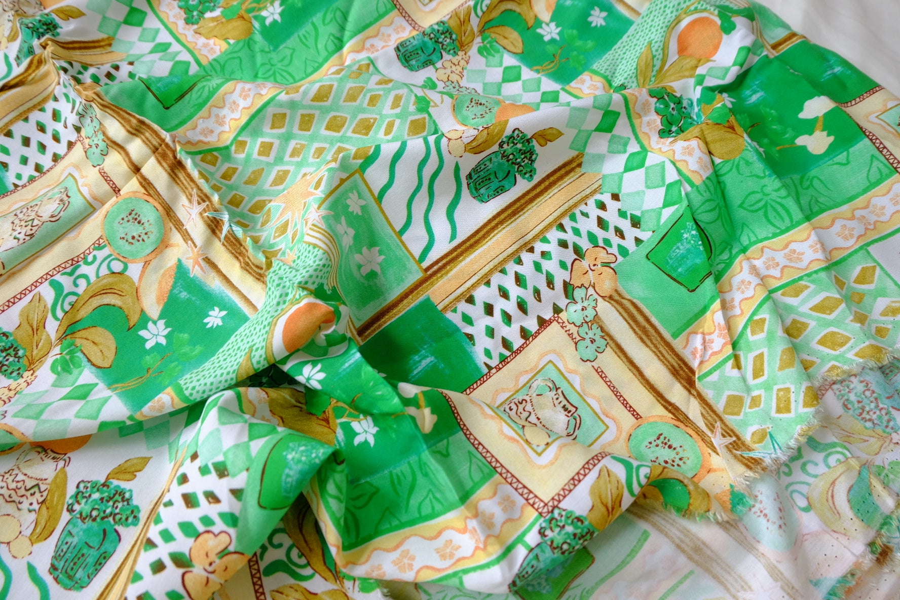 Green Picnic Scarf Print Rayon Fabric - 3.28 yd