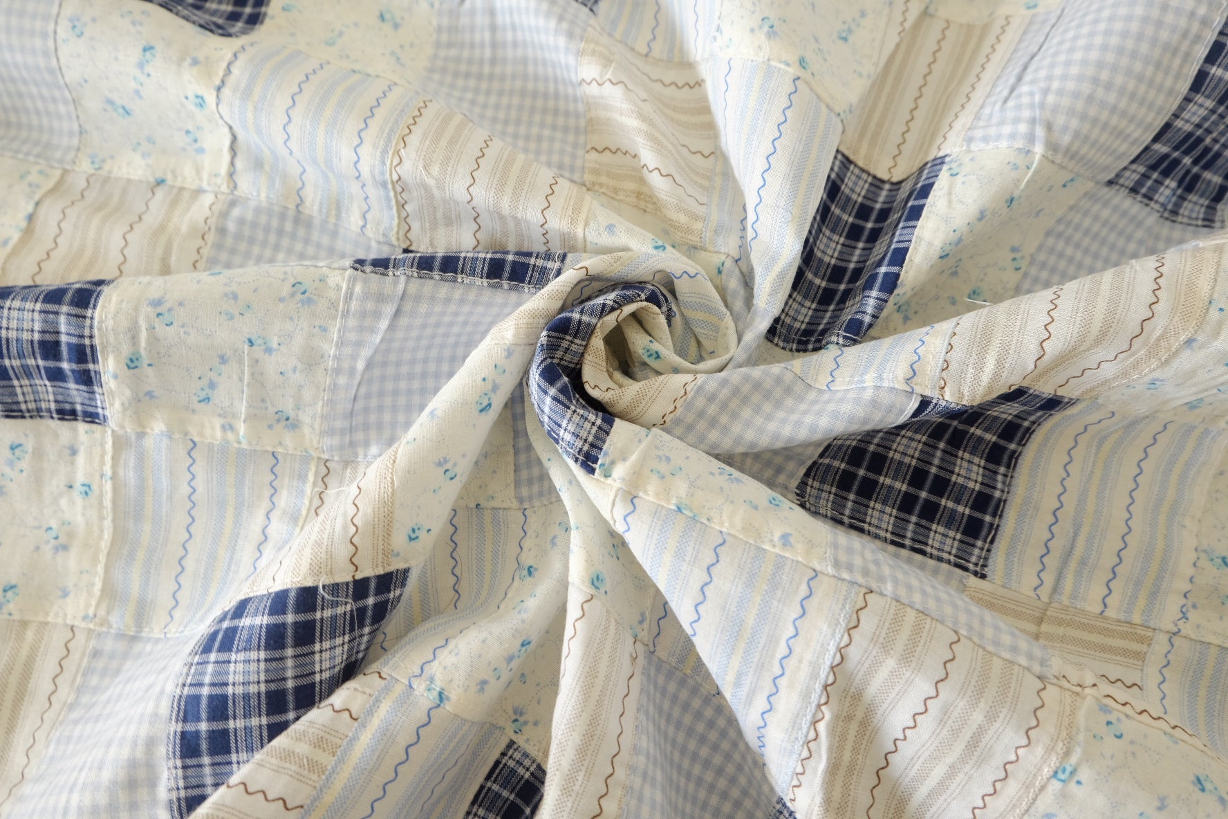 Hand-Pieced Blue Patchwork Cotton Textile – 2.19 yd Piece