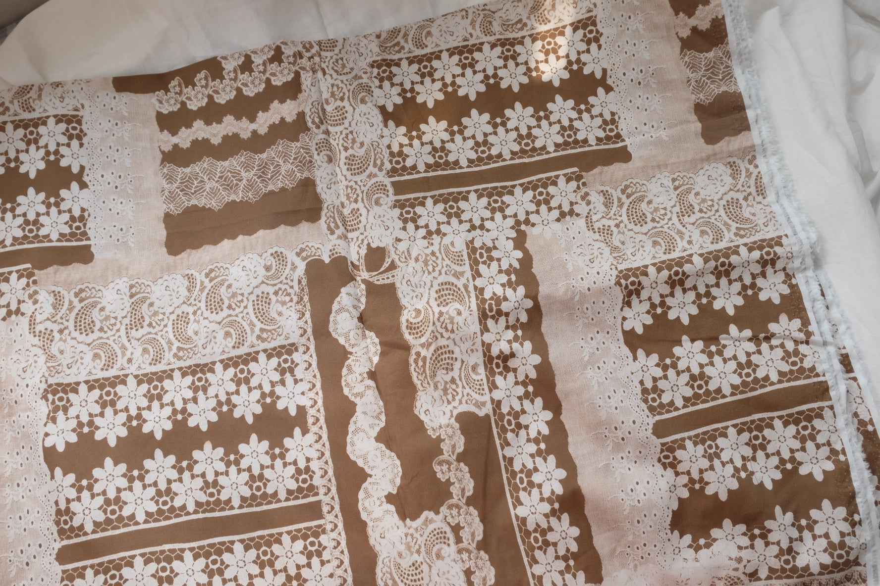 Lace Patchwork Cotton Poplin Fabric, Printed Vintage Tablecloth Look, 4.92 Yards