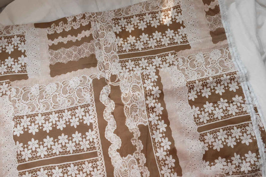 Lace Patchwork Cotton Poplin Fabric, Printed Vintage Tablecloth Look, 4.92 Yards