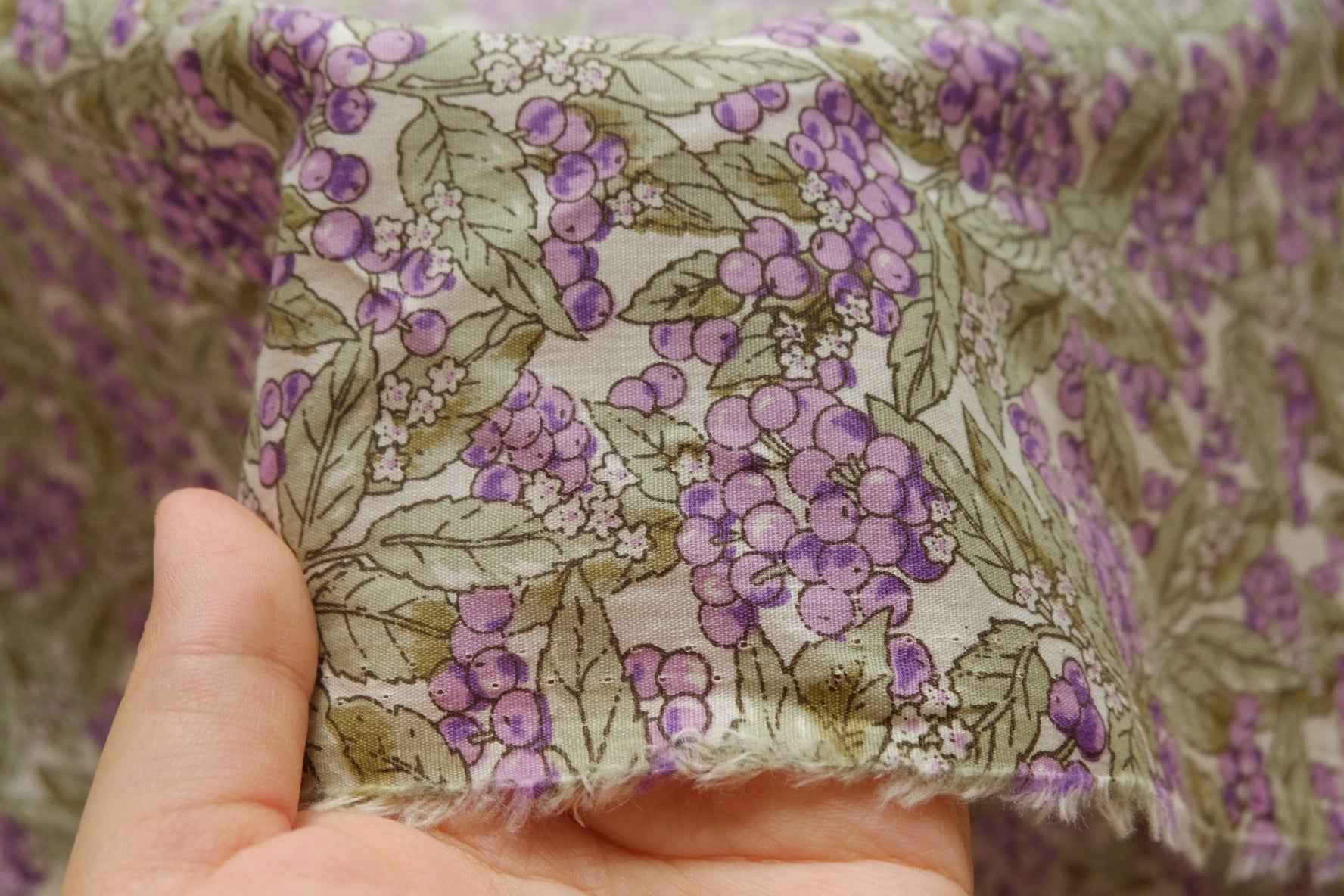 Purple Berry Print Cotton Fabric, Soft Rustic Apparel Weight, 2.41 Yards