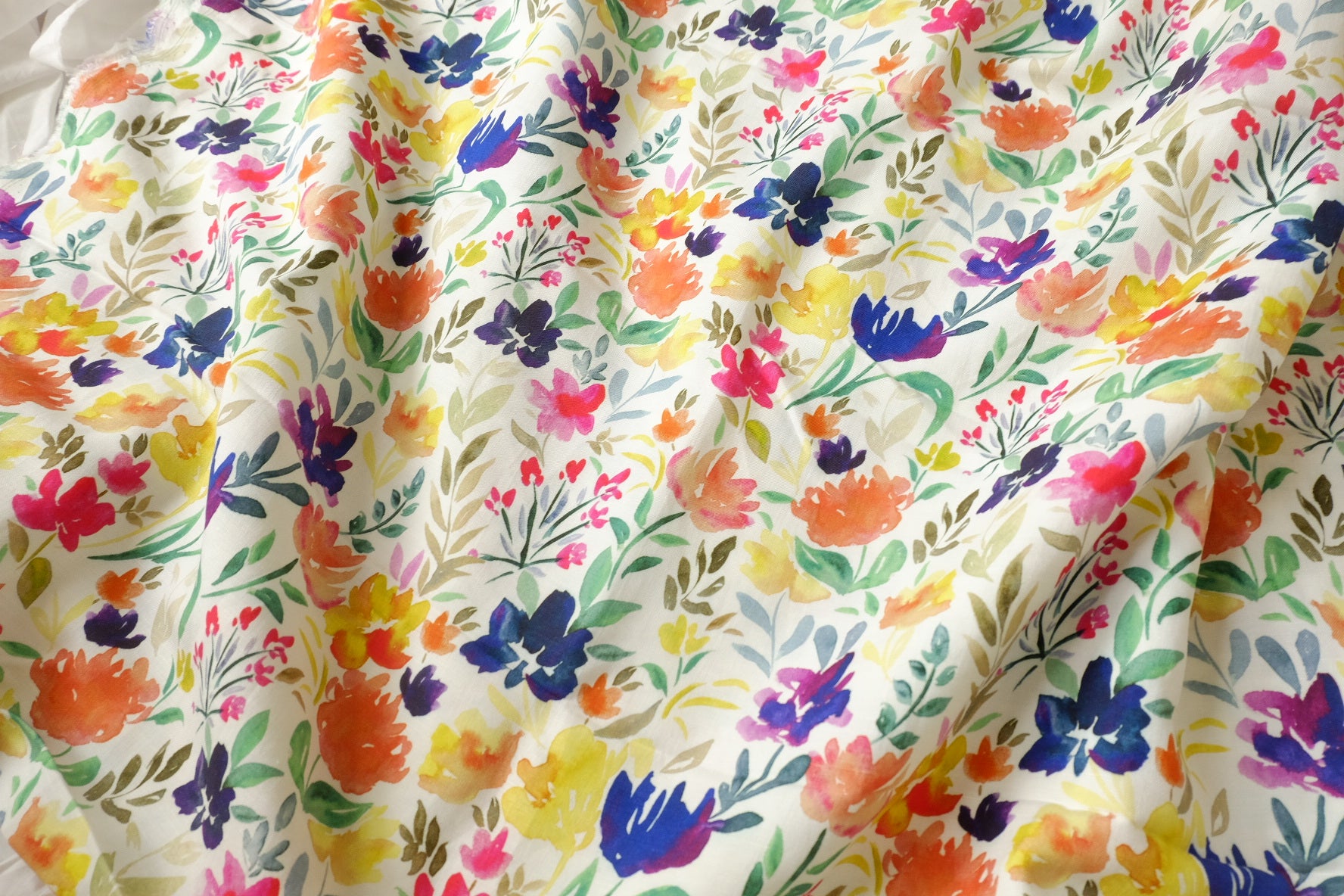 Watercolor Floral Linen Cotton Fabric, Midweight Spring Botanical, 2.19 Yards