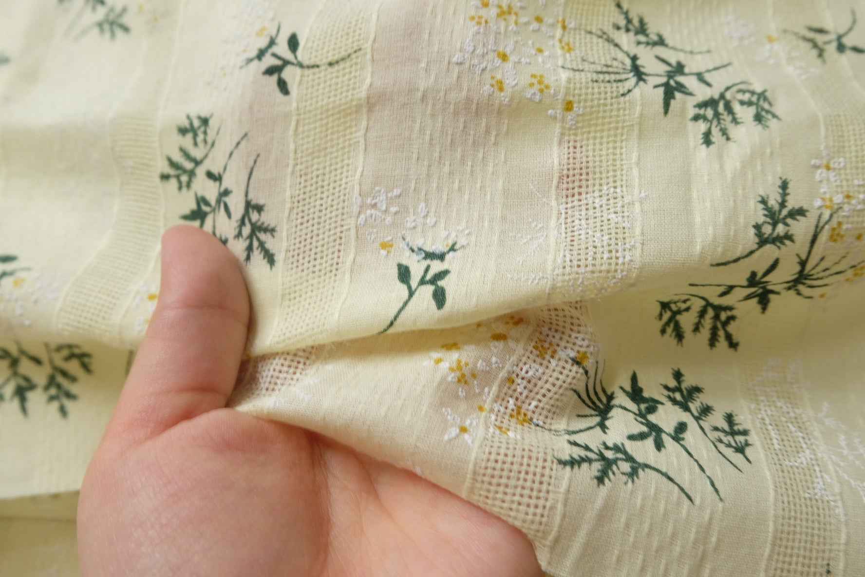 Delicate Botanical Cotton Fabric with Jacquard and Openwork Detail, Lightweight Blouse Weight, 2.19 Yards