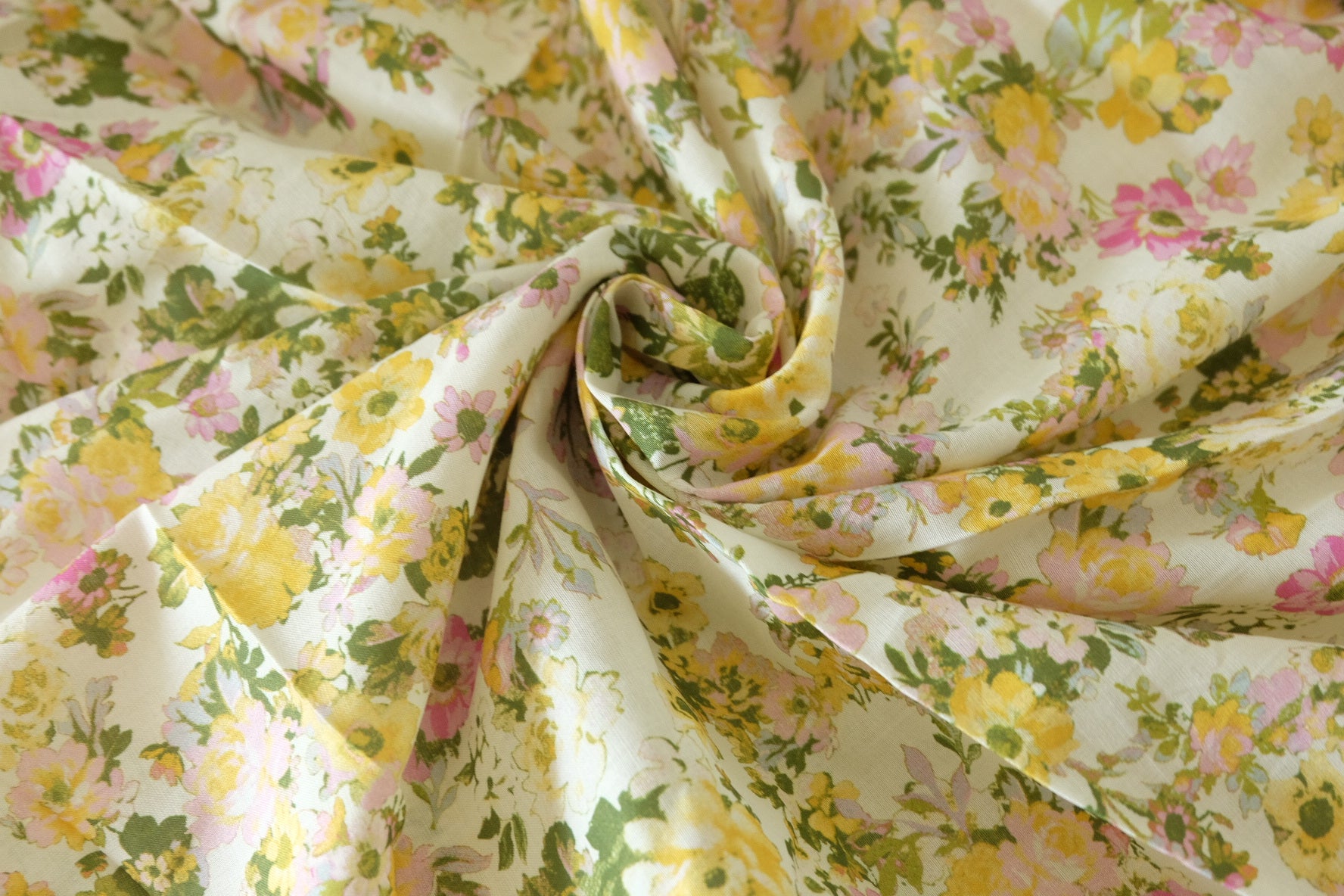 Floral Cotton Voile Fabric – Soft Yellow & Pink Garden Print – 3.3 yd