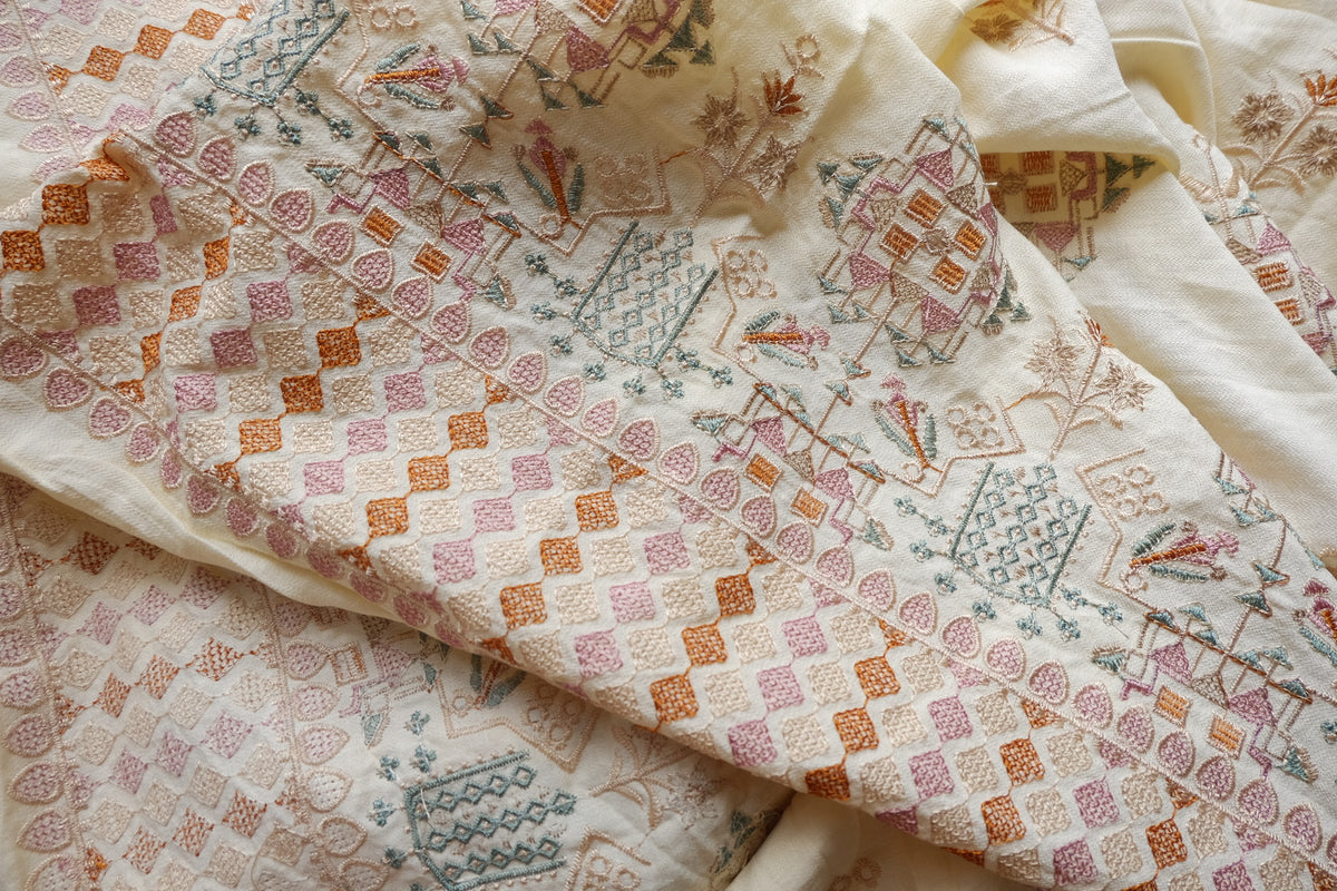 Ivory Heavy Border Embroidered Tencel Nylon — 2.5 yd