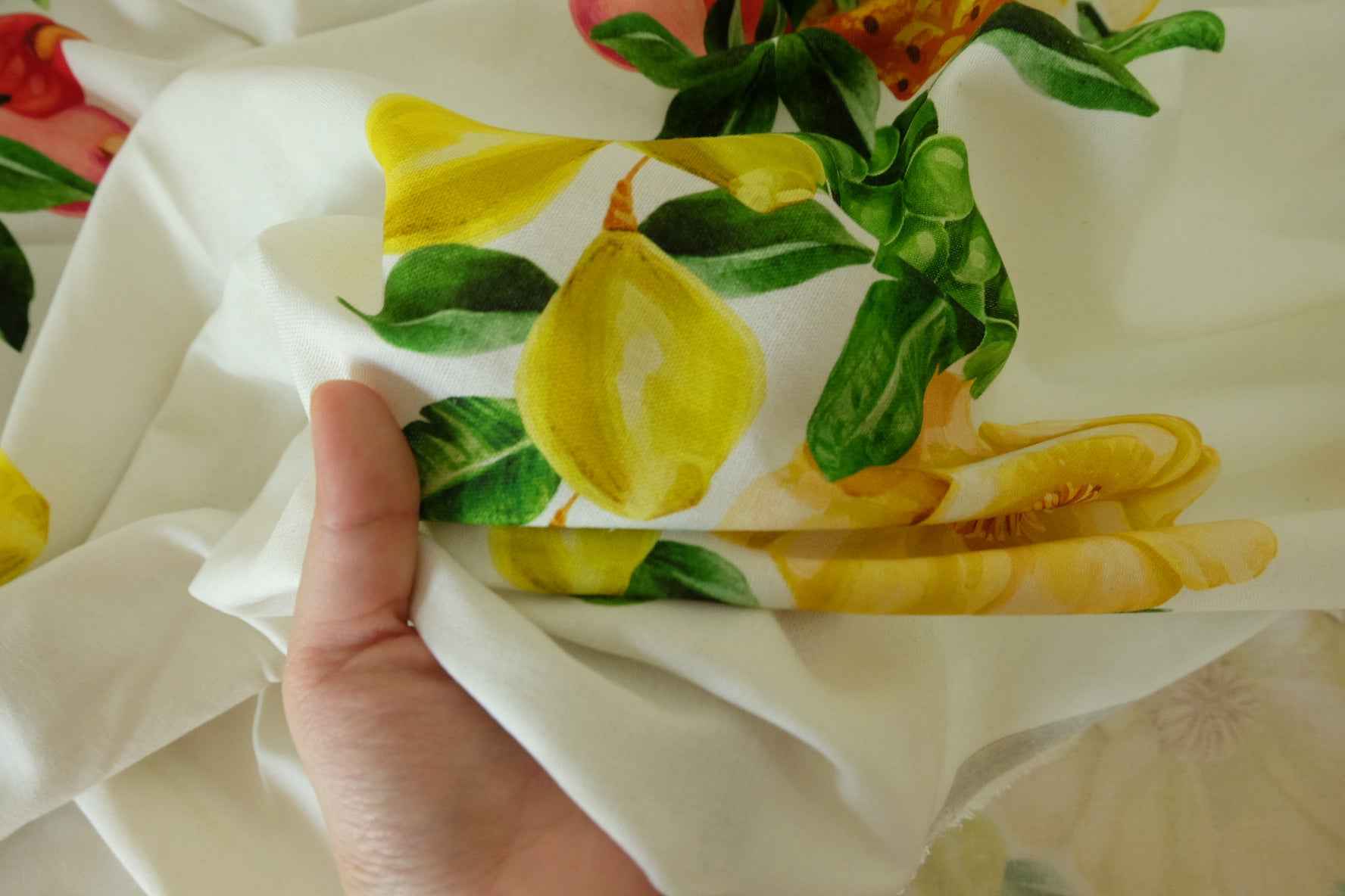 Farm Rio Style Linen Cotton Fabric – Tropical Fruit Floral Placement Print (1.8 yd, 1.45m Width)