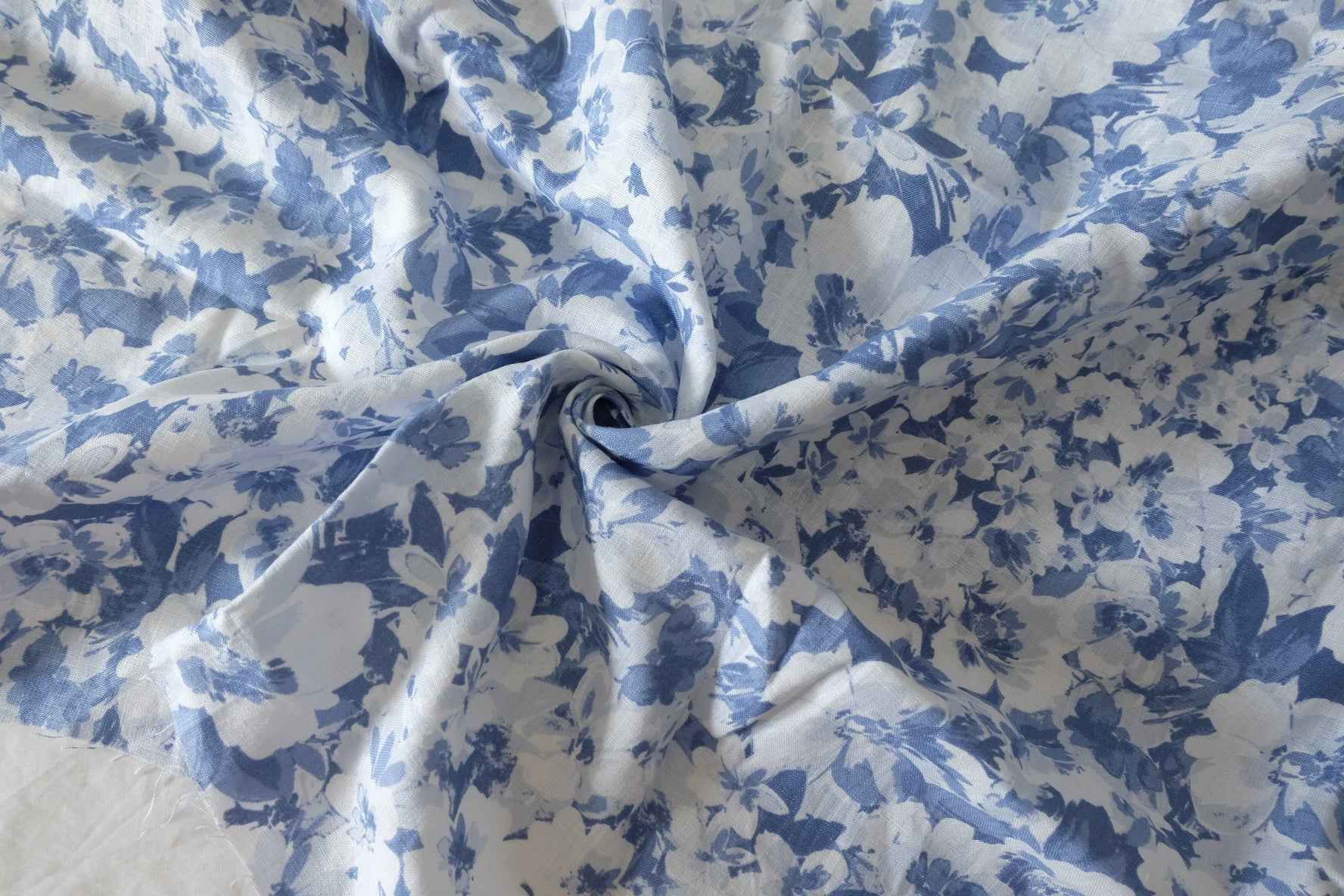 Blue Watercolor Floral Pure Linen Fabric – 2.1 yd