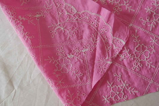 Bright Pink Floral Embroidered Cotton Linen Blend – 2.2 yd
